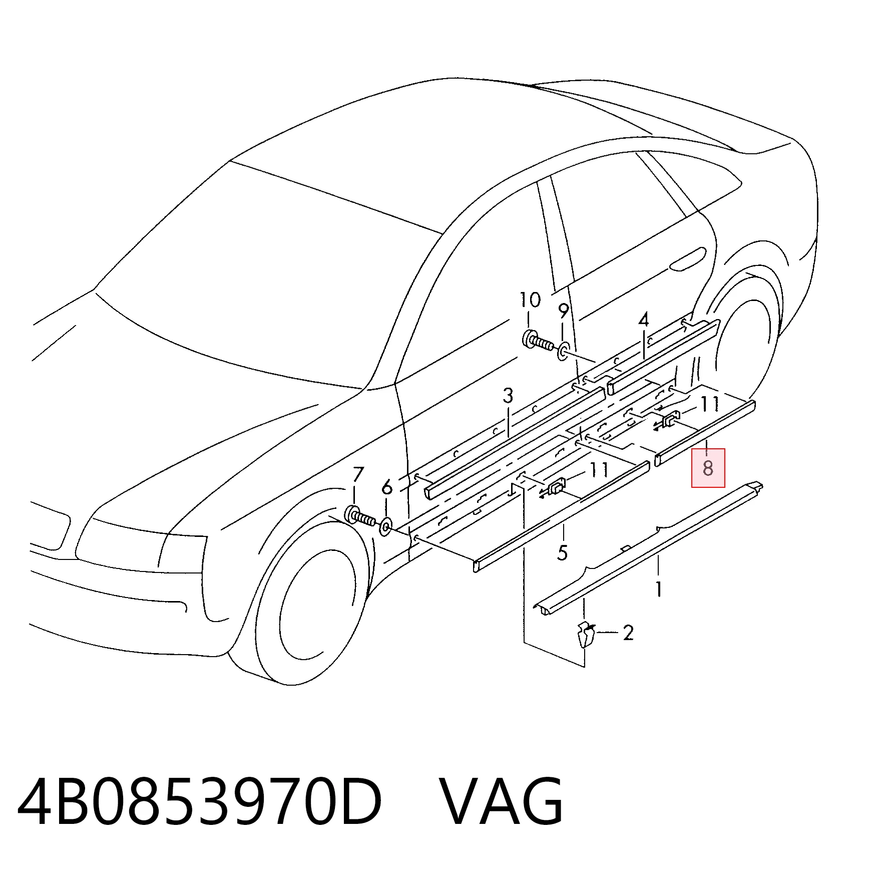 4B0853970D VAG Moldura inferior de puerta trasera derecha