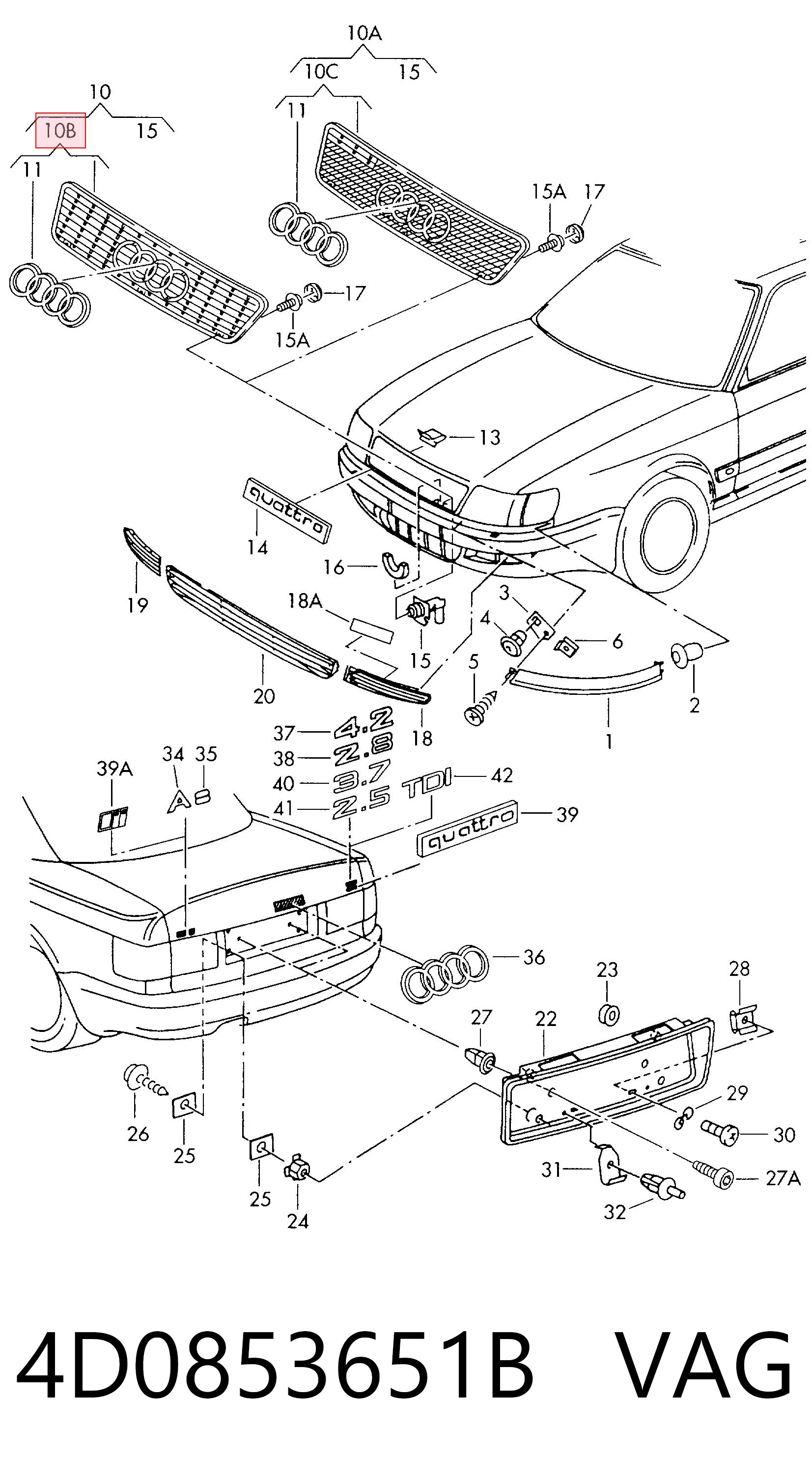 Parrilla para Audi A8 4D2, 4D8