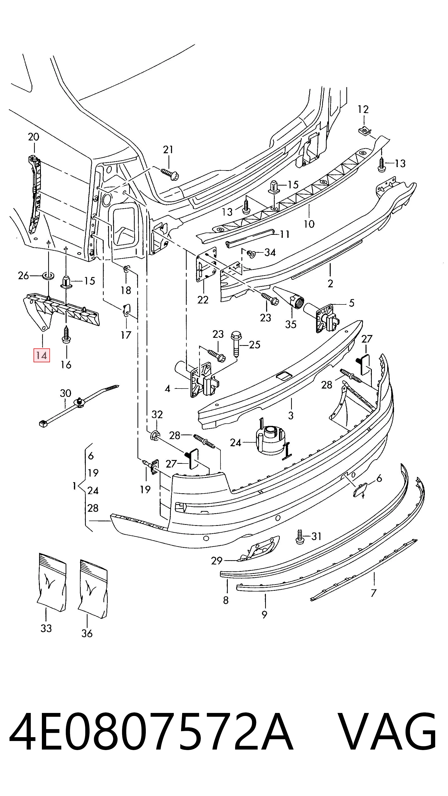 4E0807572A VAG Soporte del paragolpes trasero derecho