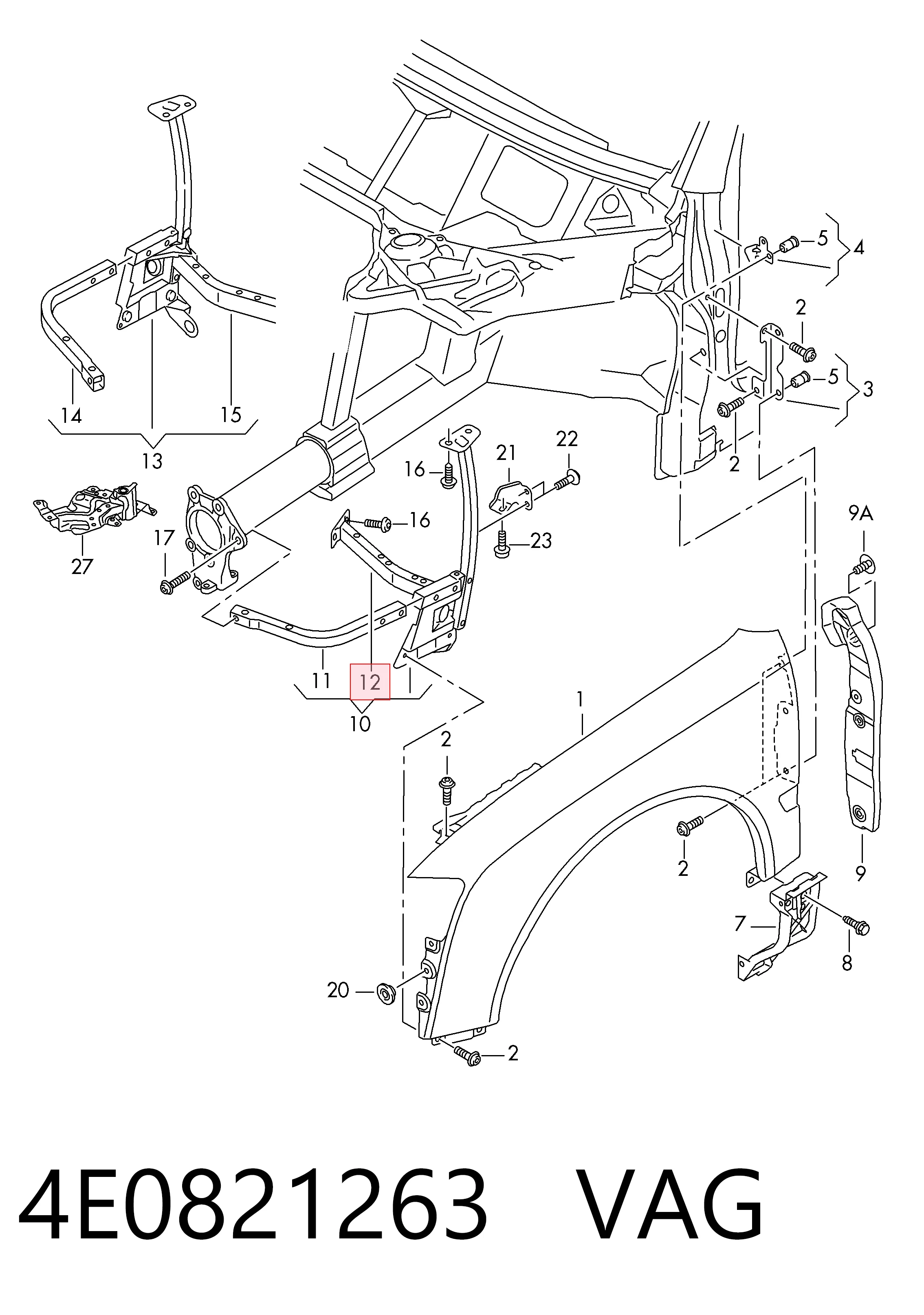 4E0821263 VAG Soporte delantero izquierdo para aleta delantera