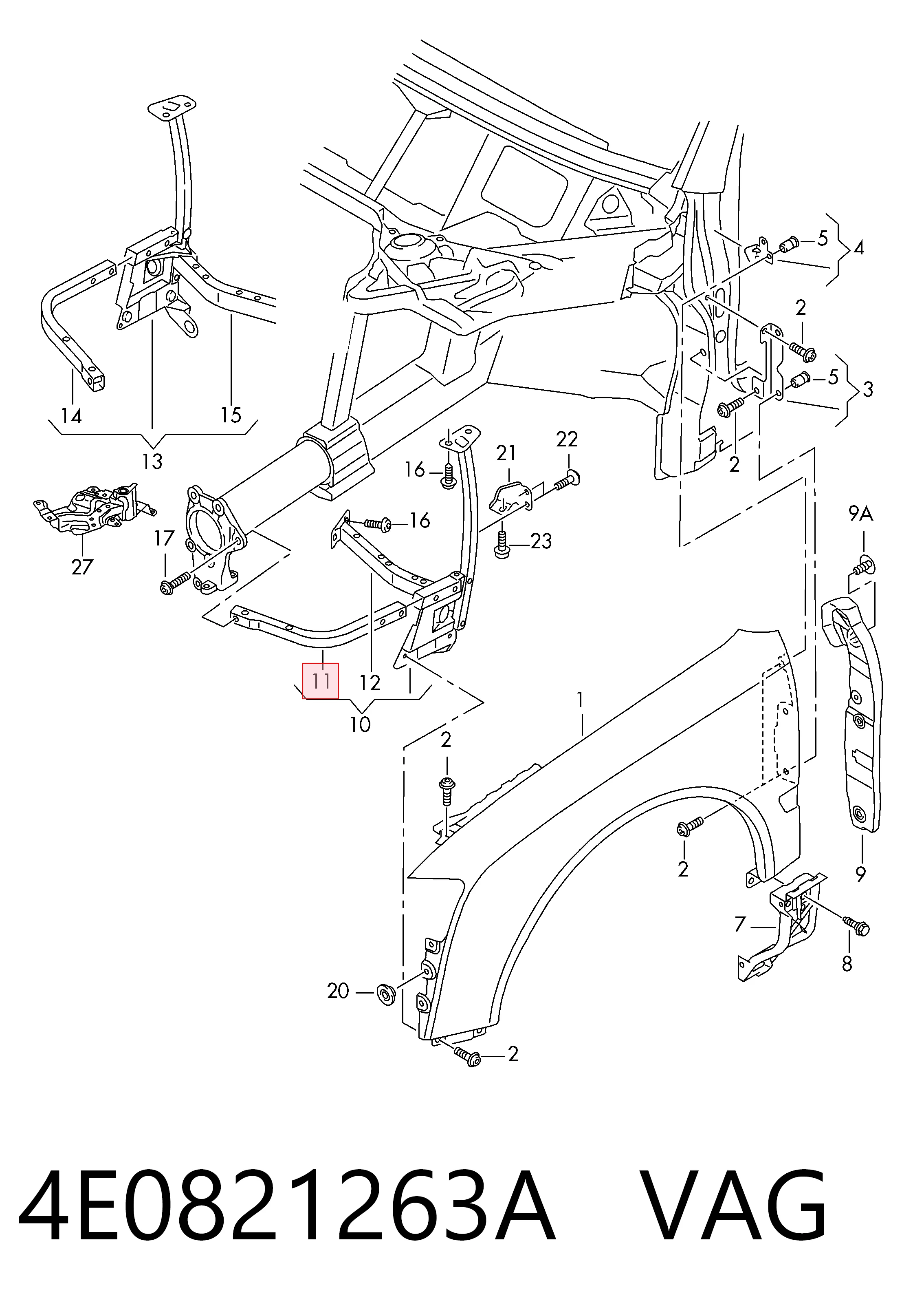 4E0821263A VAG Soporte delantero izquierdo para aleta delantera