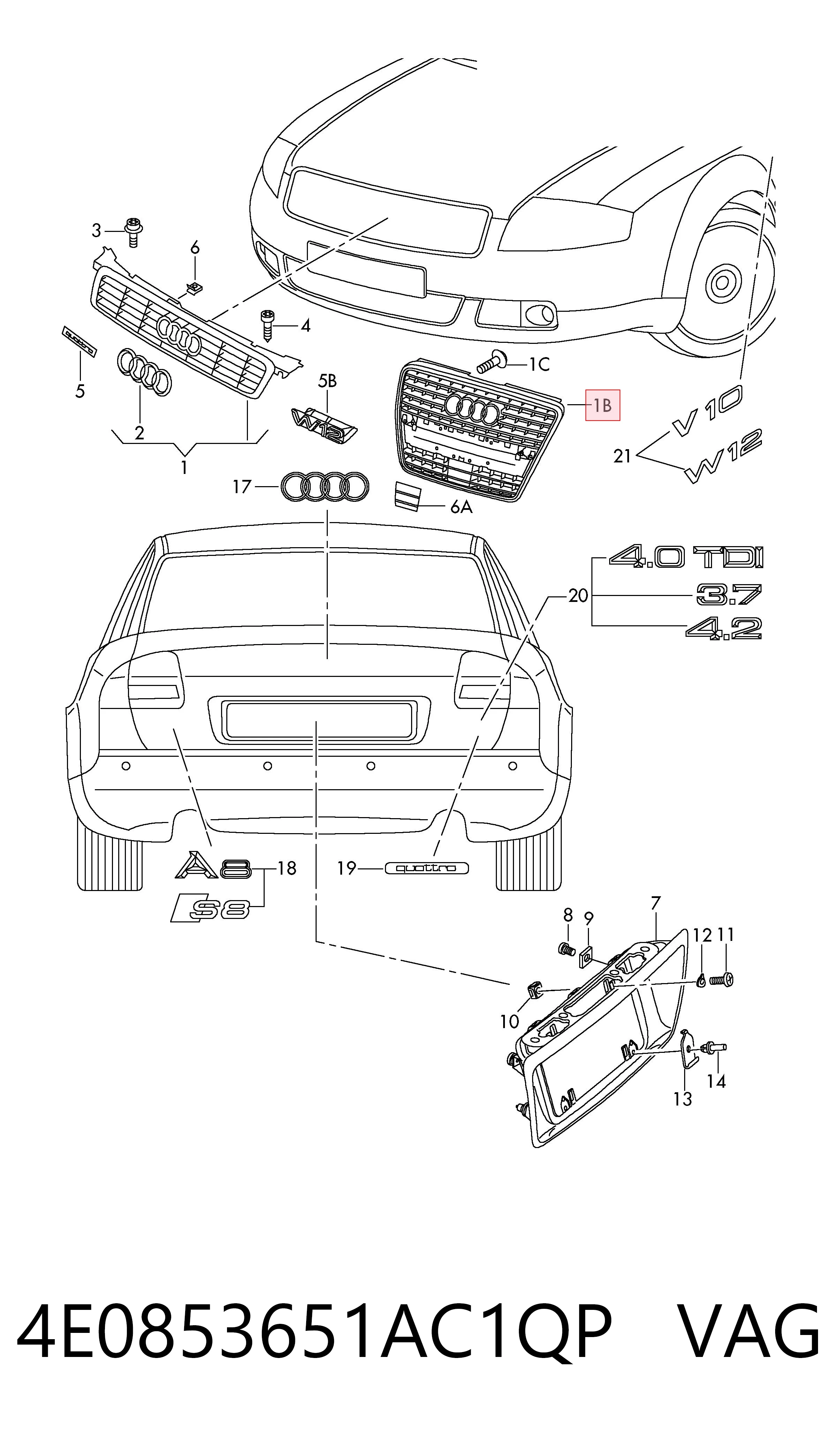 Parrilla para Audi A8 4E2, 4E8