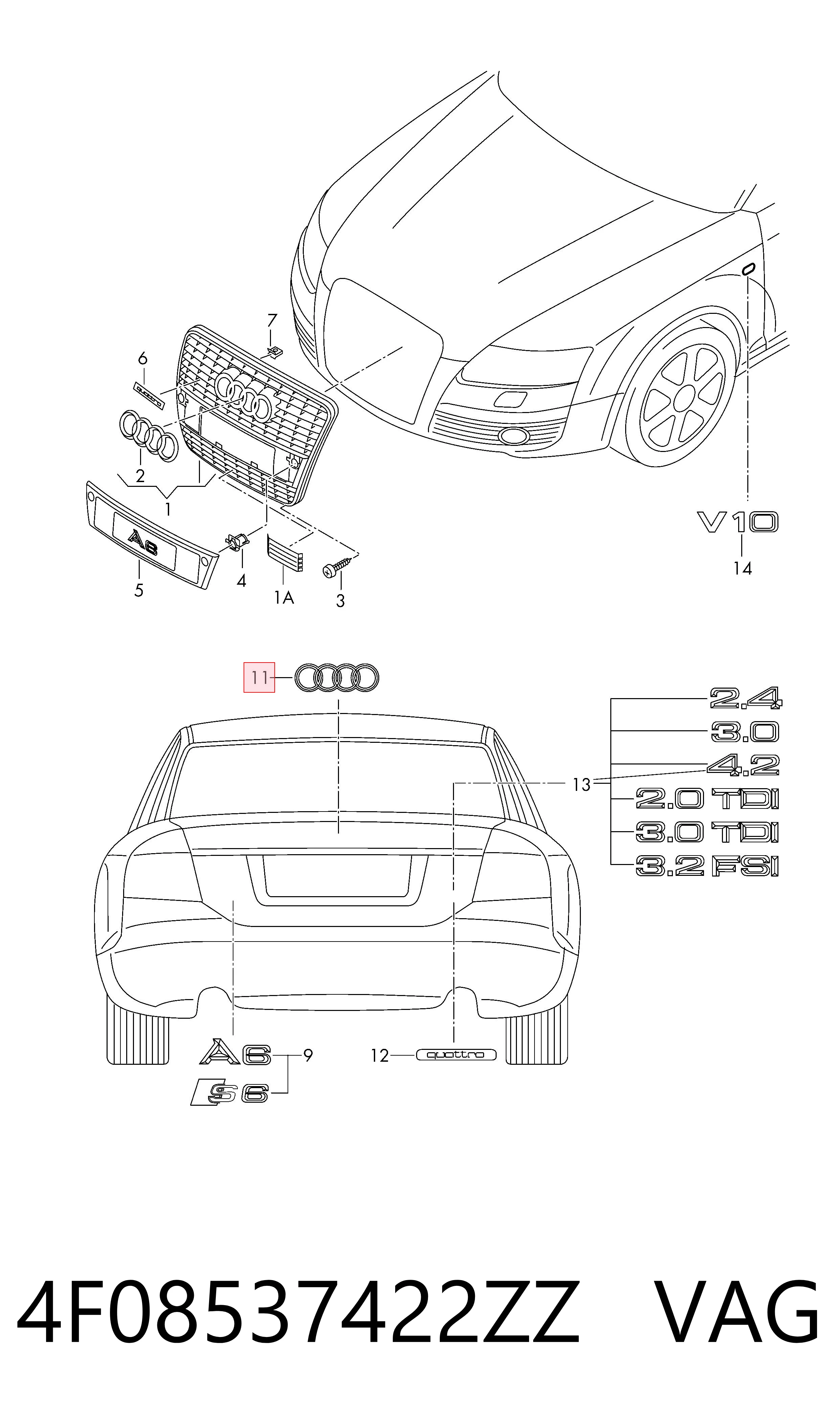 4F08537422ZZ VAG Logotipo de tapa de maletero
