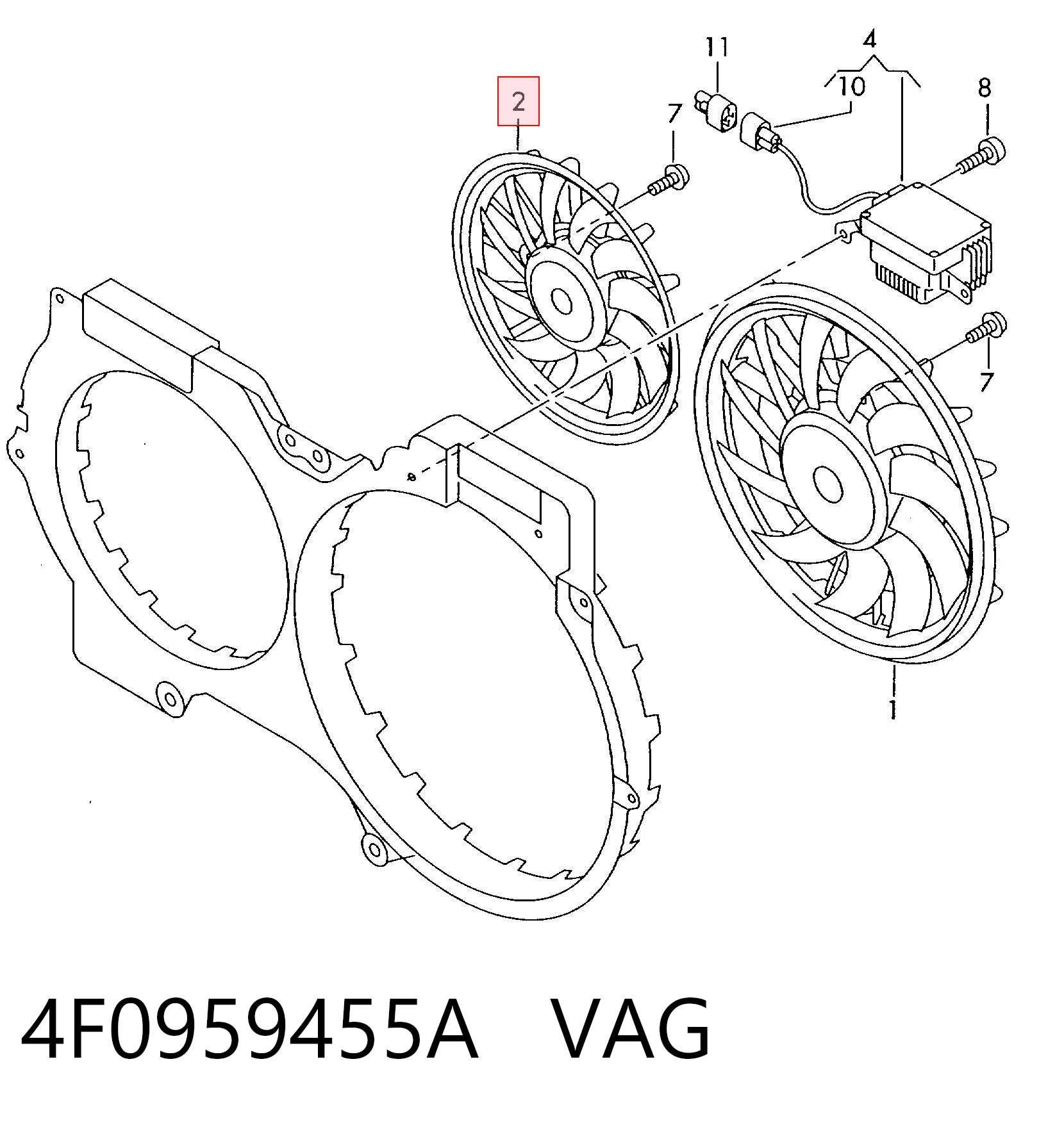 4F0959455A VAG Ventilador de refrigeración completo derecho (motor y hélice)