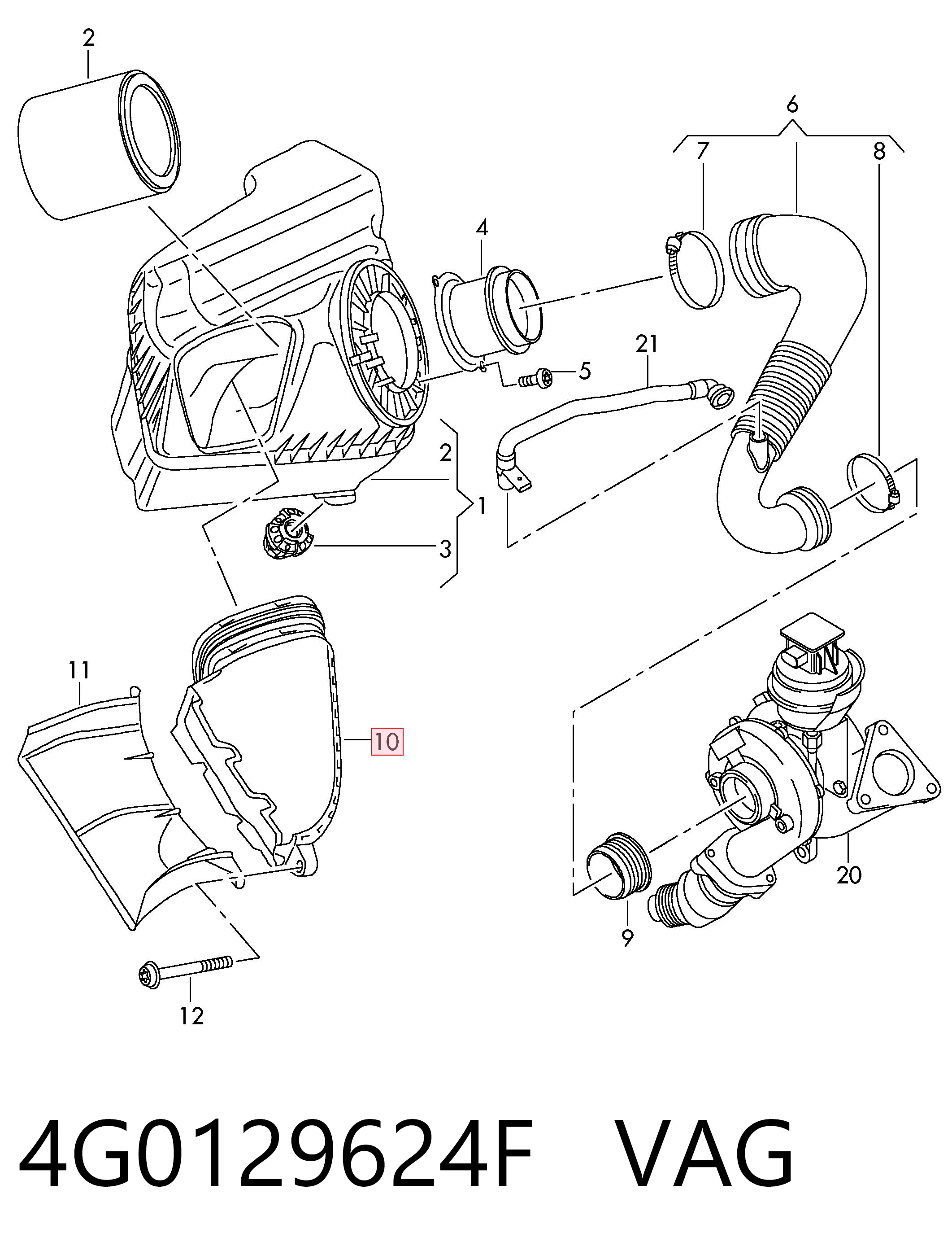 4G0129624F VAG Tubo flexible de aspiración, filtro de aire