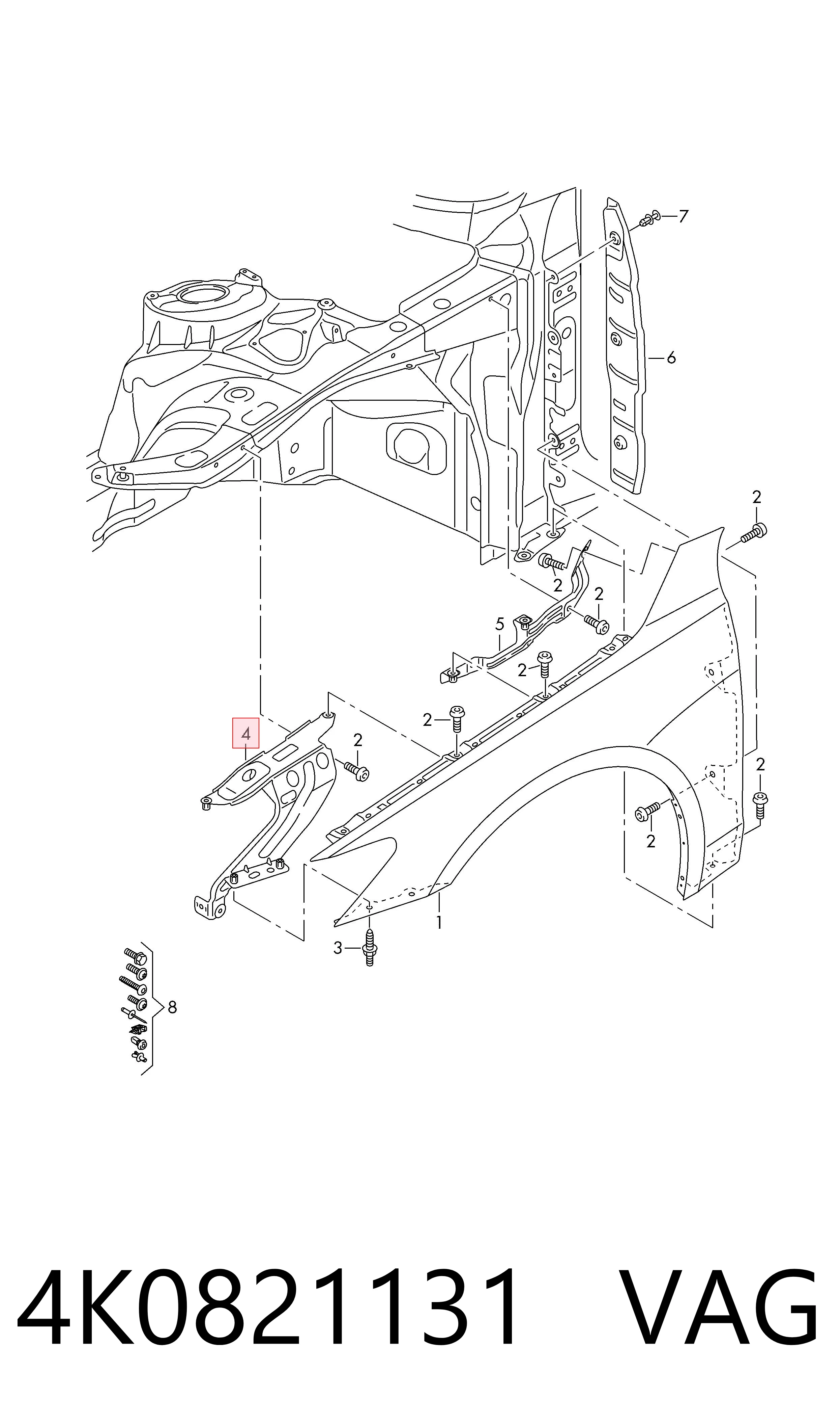 4K0821131 VAG Soporte delantero izquierdo para aleta delantera