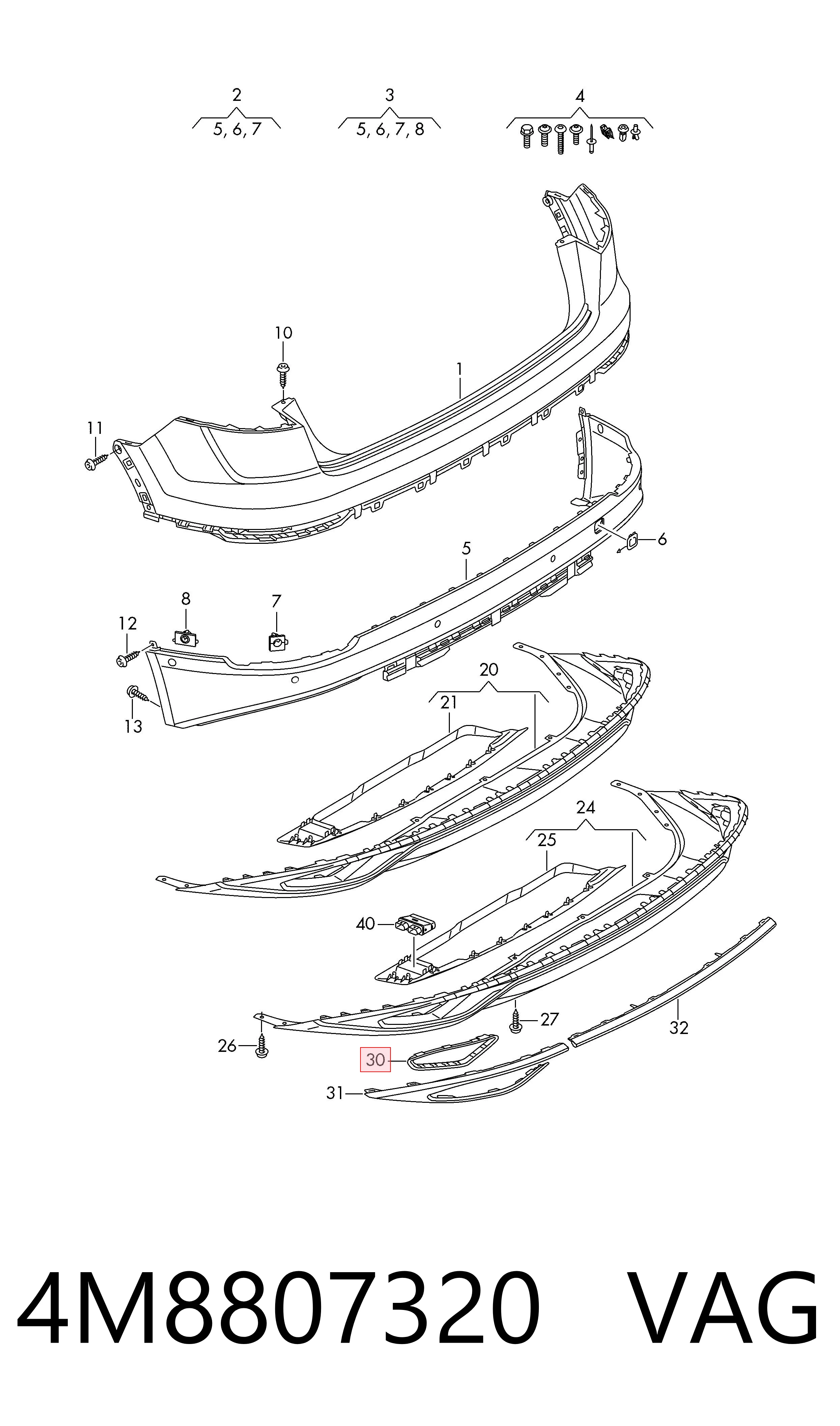 4M8807320 VAG Soporte del paragolpes trasero derecho