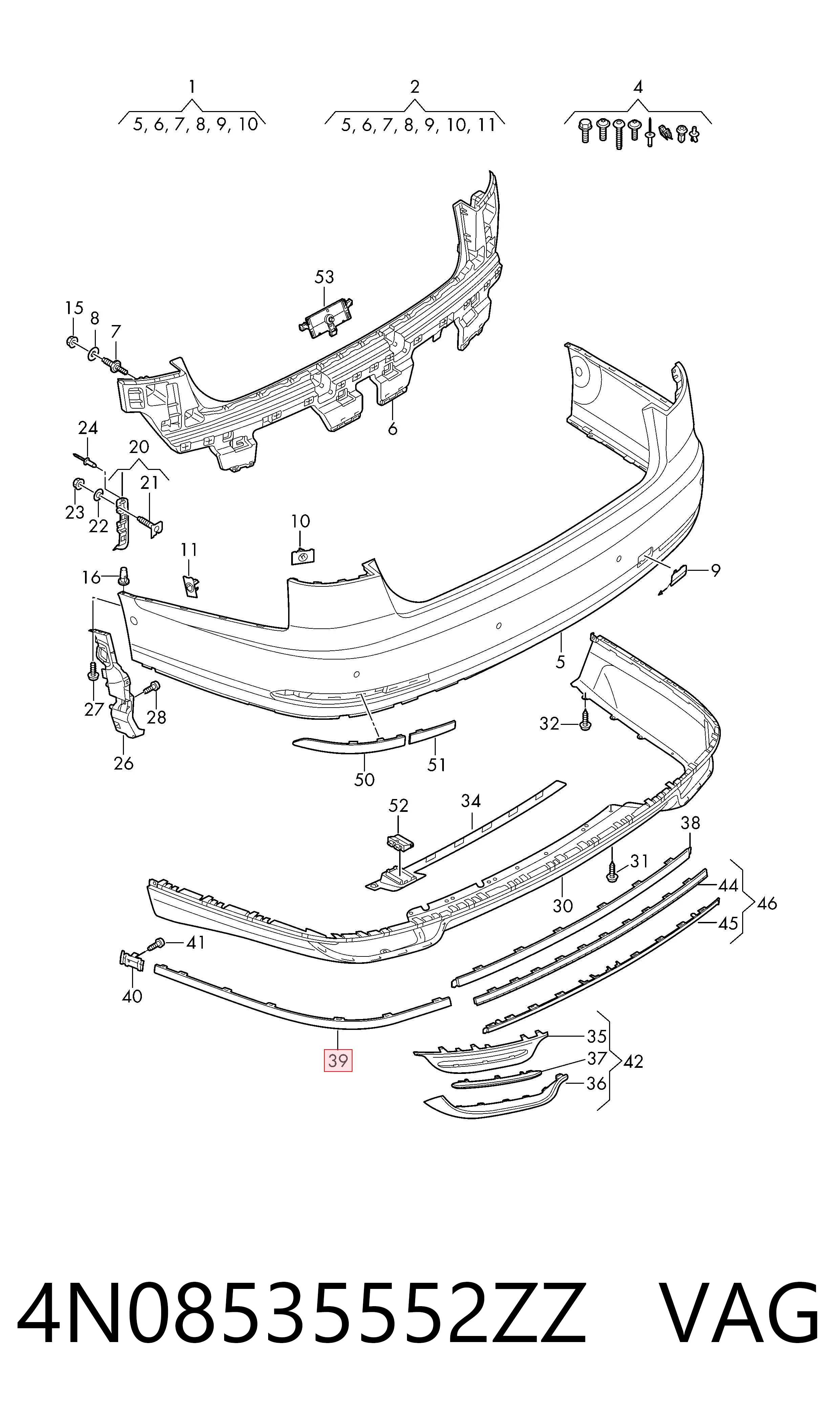4N08535552ZZ VAG Moldura de parachoques trasero izquierdo