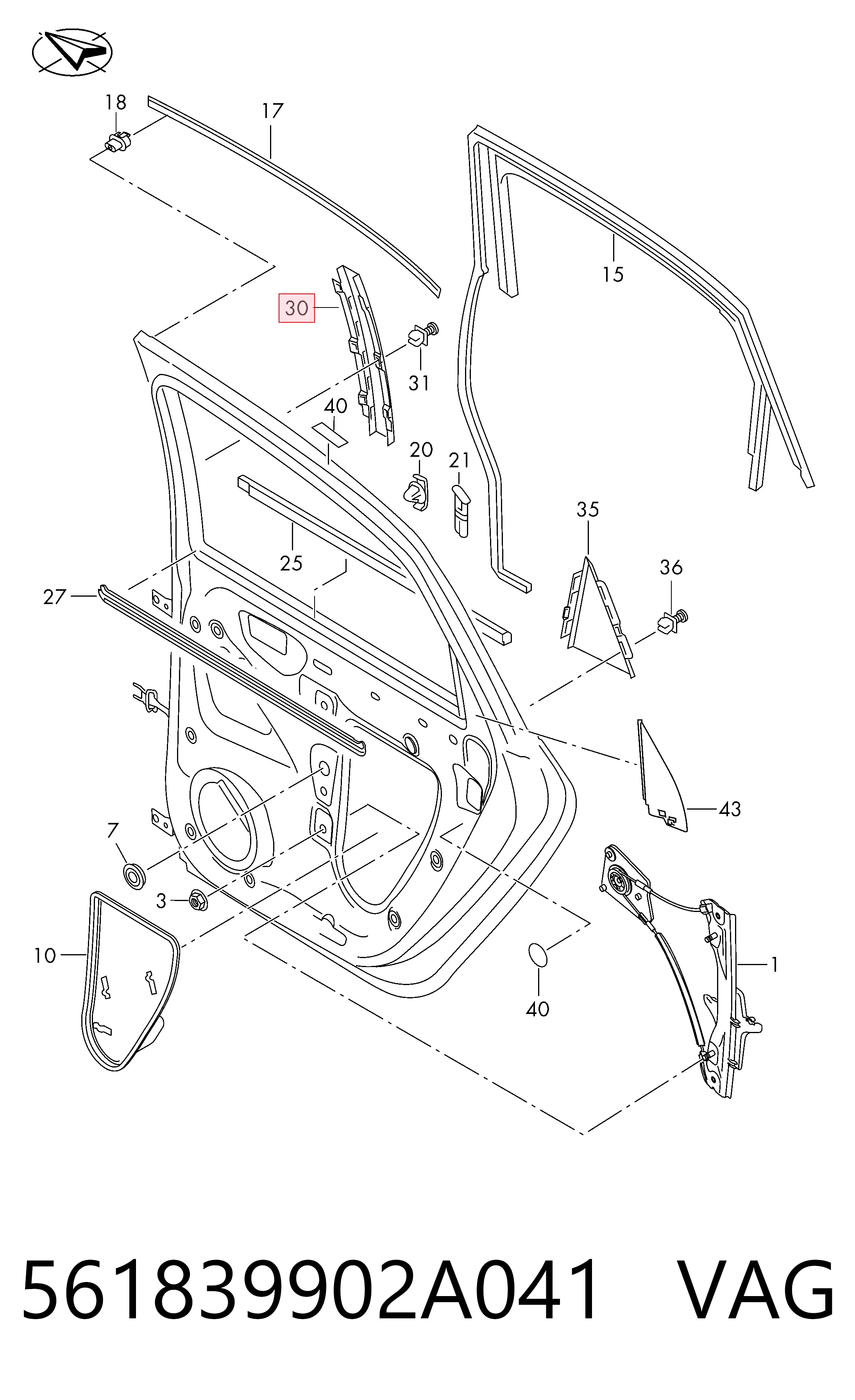 561839902A041 VAG Moldura vertical de puerta trasera derecha