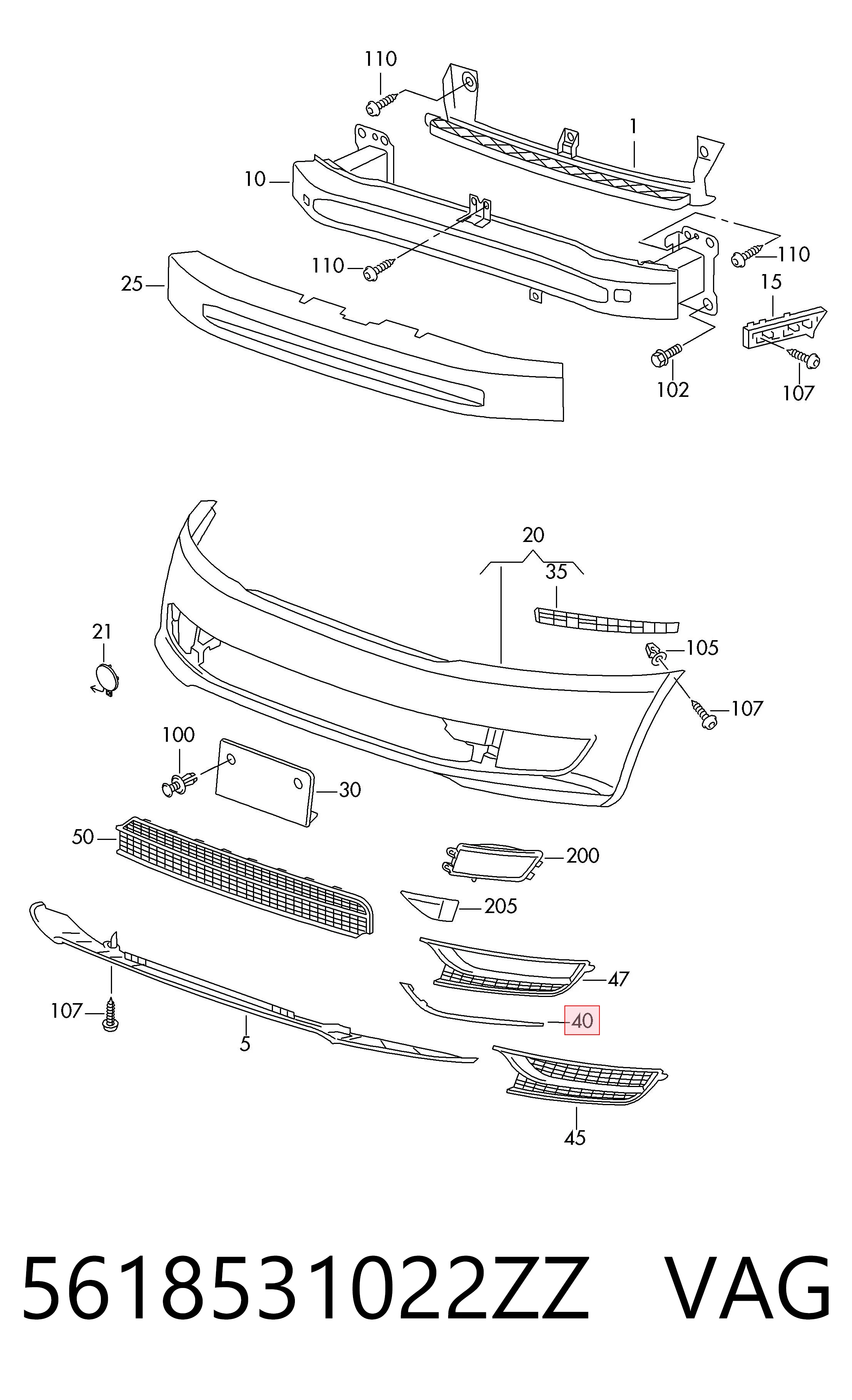 5618531022ZZ VAG Moldura del parachoques delantero derecho