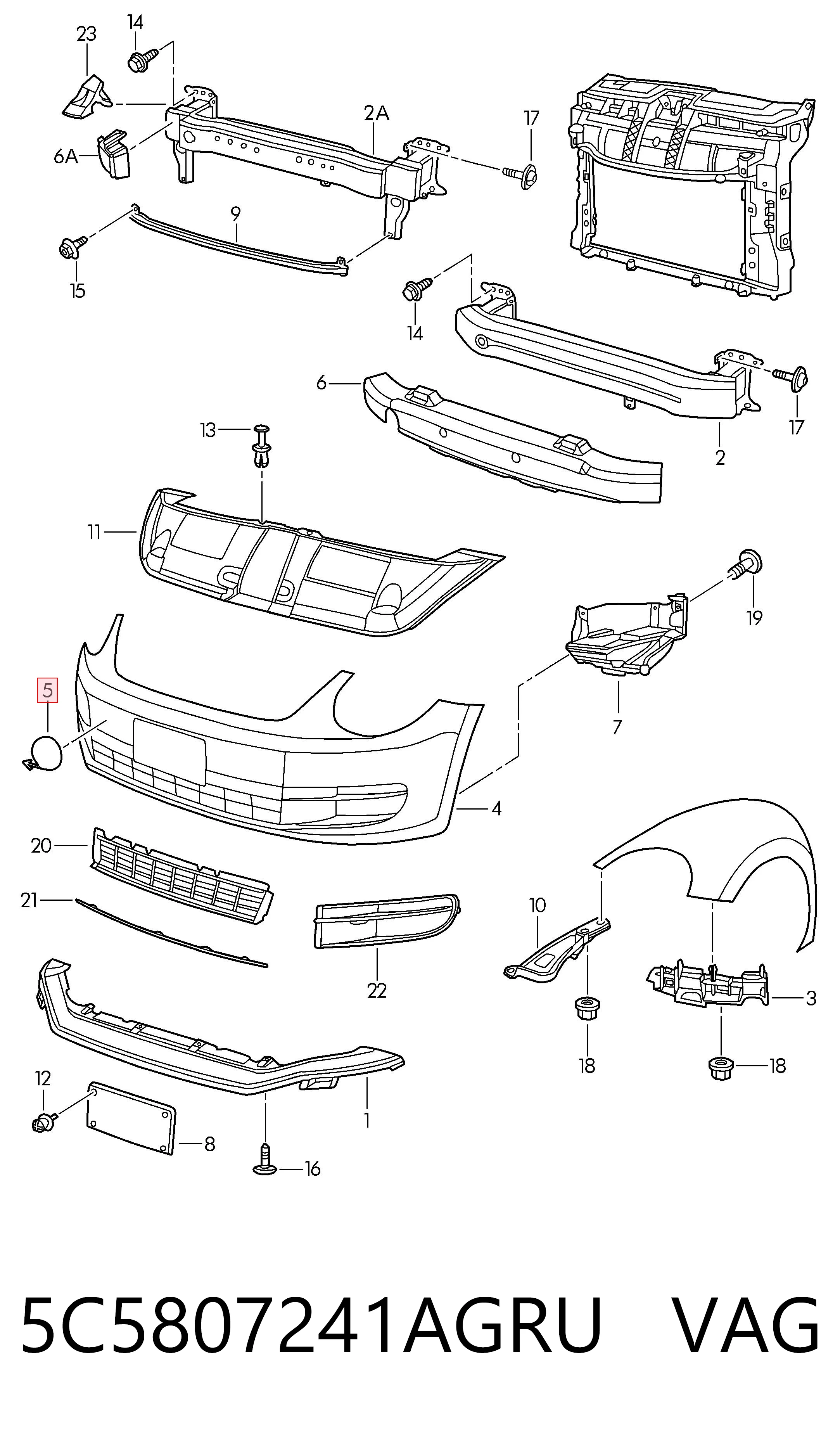 5C5807241AGRU VAG Cobertura de parachoques, enganche de remolque, delantera 
