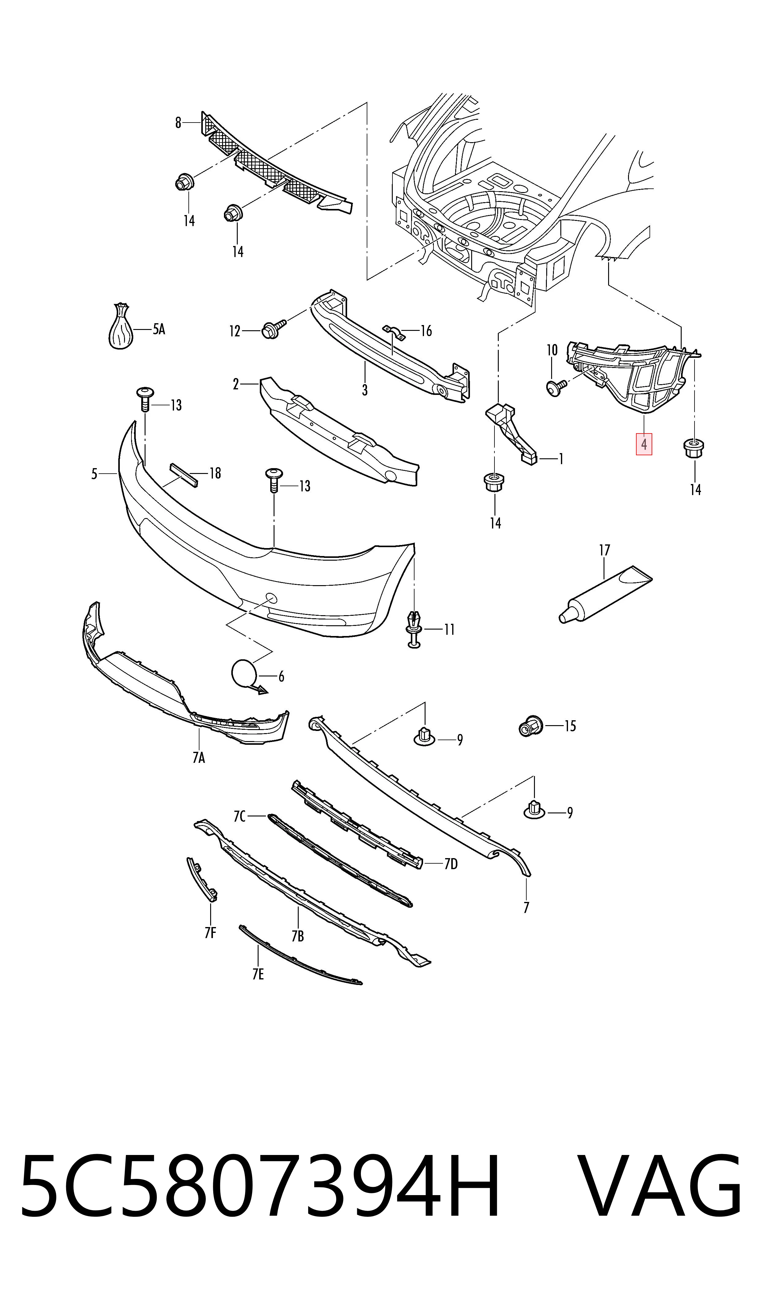 5C5807394H VAG Soporte del paragolpes trasero derecho