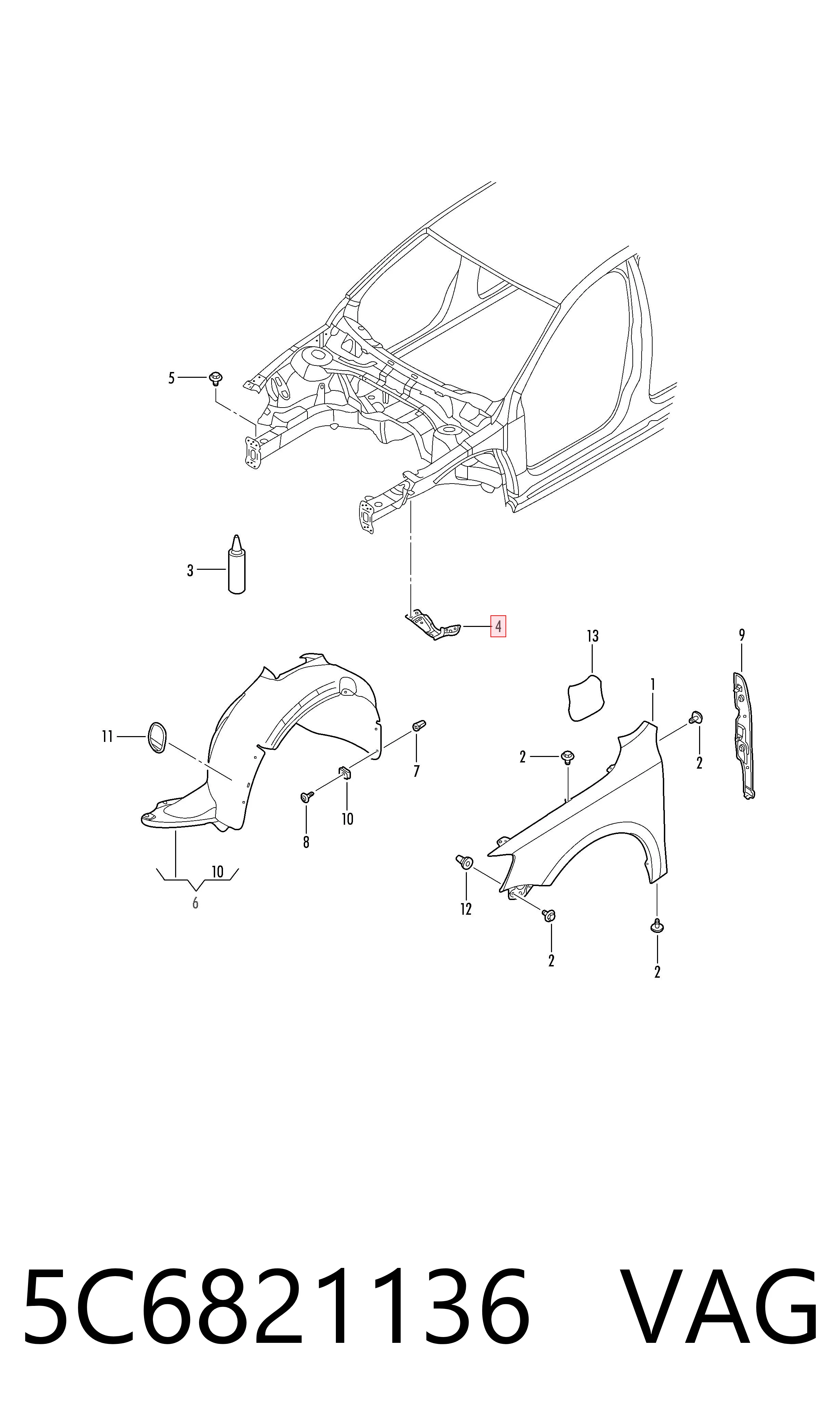 5C6821136 VAG Soporte trasero de guardabarros delantero derecho
