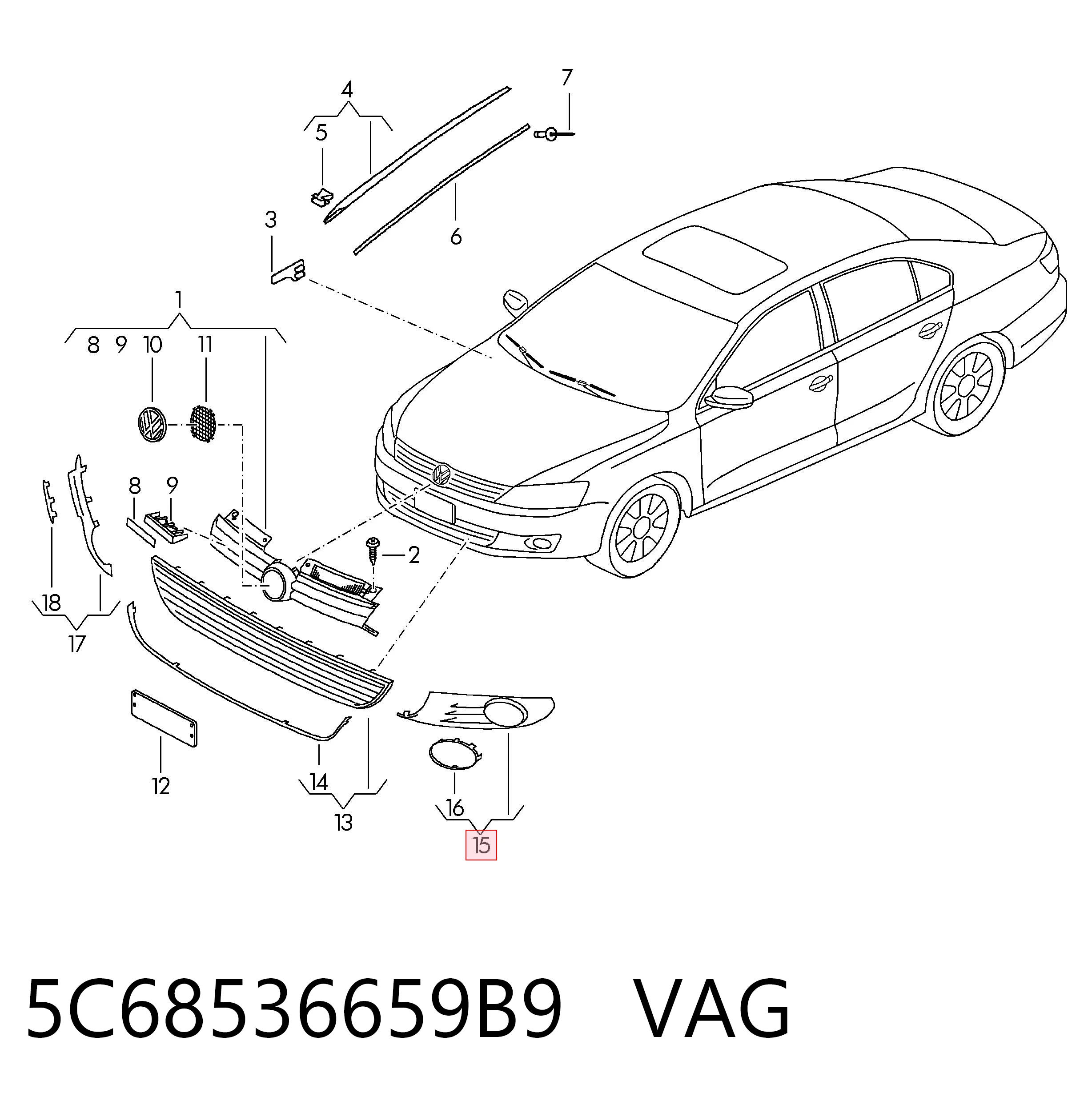 5C68536659B9 VAG Tapa de rejilla de faro antiniebla delantero izquierdo