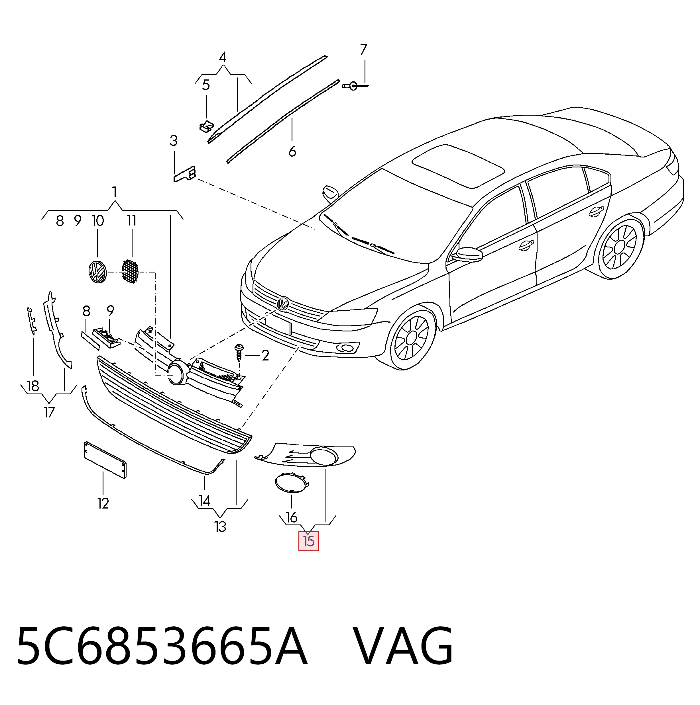 5C6853665A VAG Tapa de rejilla de faro antiniebla delantero izquierdo