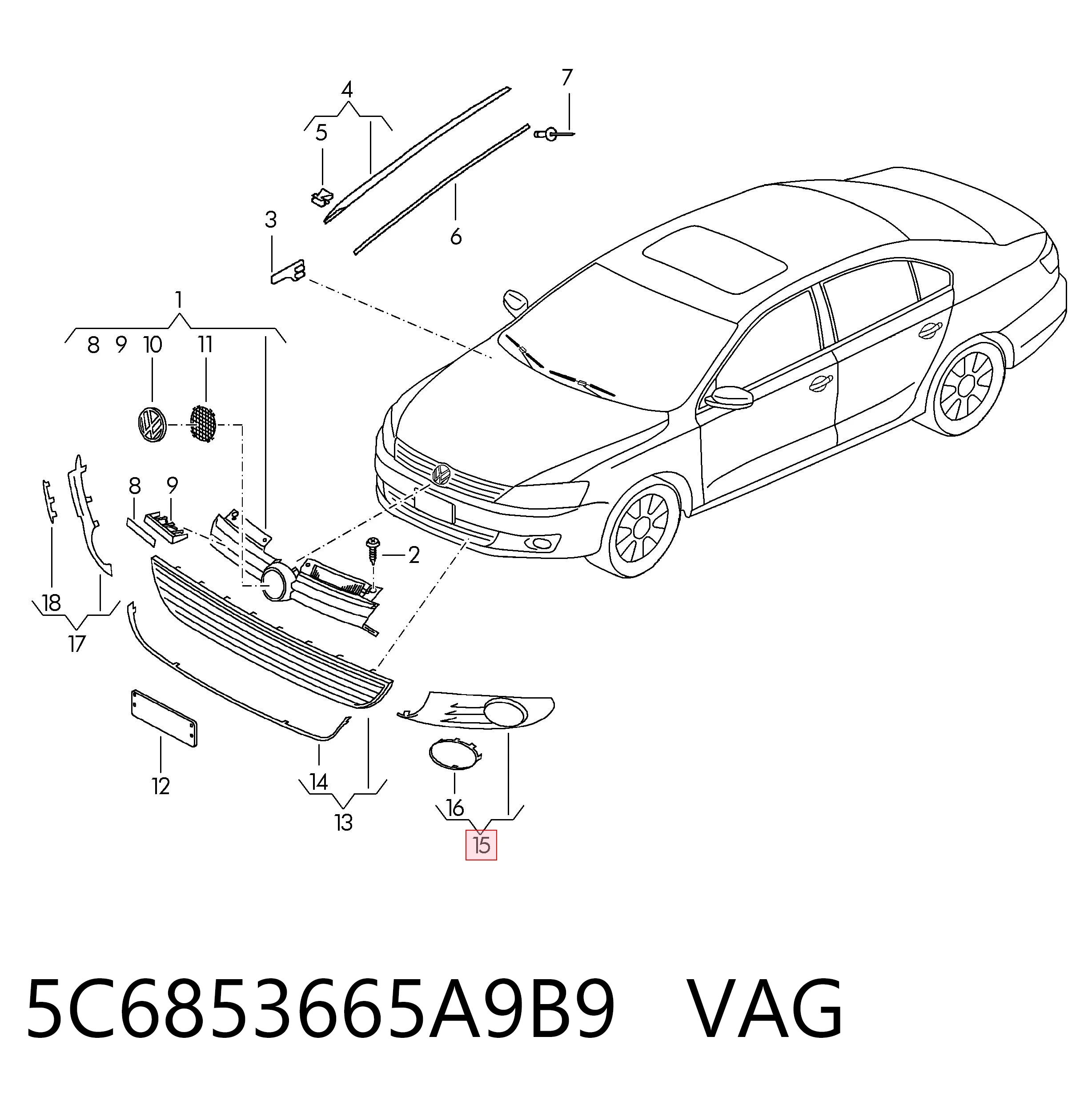 5C6853665A9B9 VAG Tapa de rejilla de faro antiniebla delantero izquierdo