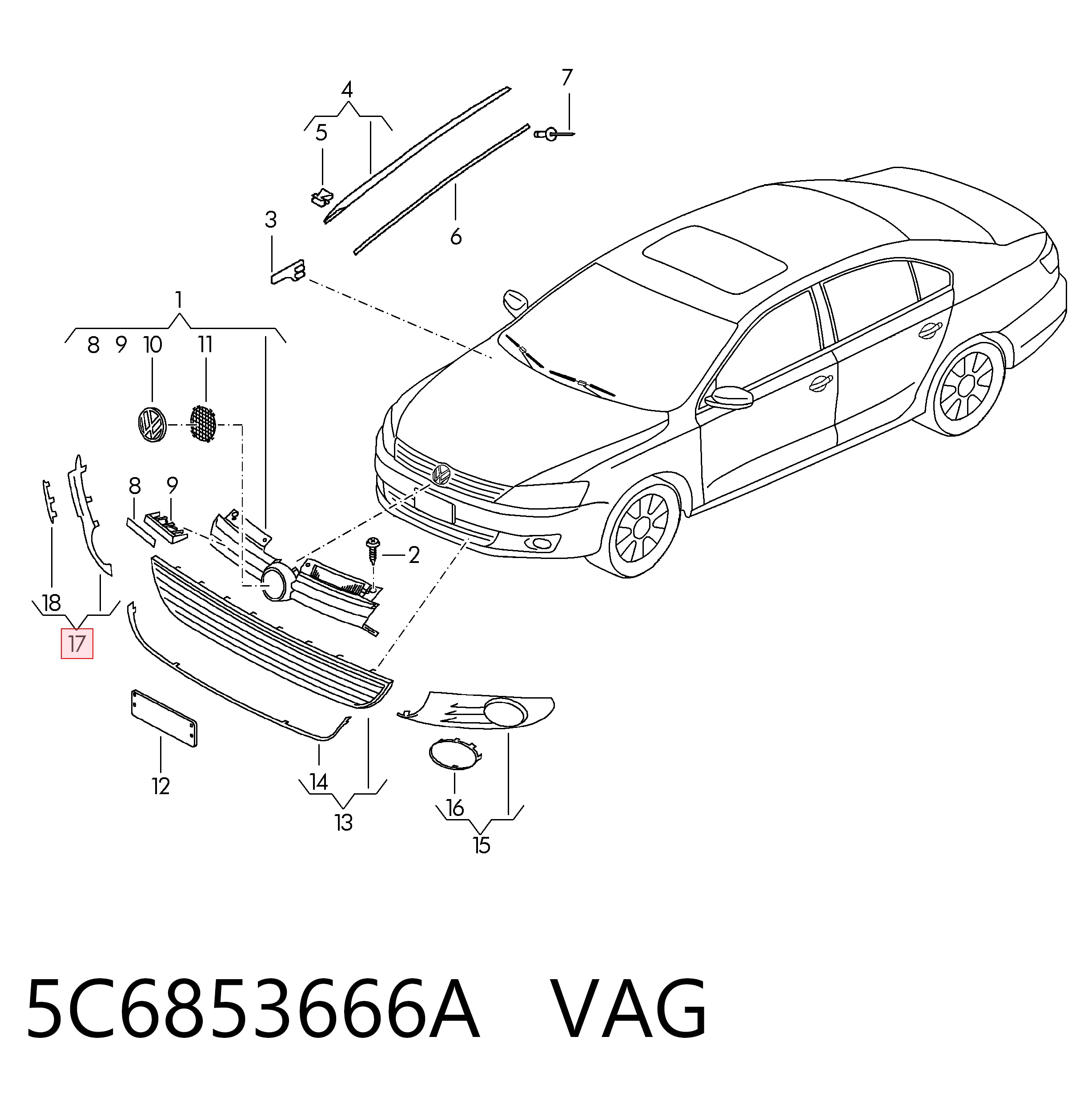5C6853666A VAG Tapa de rejilla de faro antiniebla delantero derecho