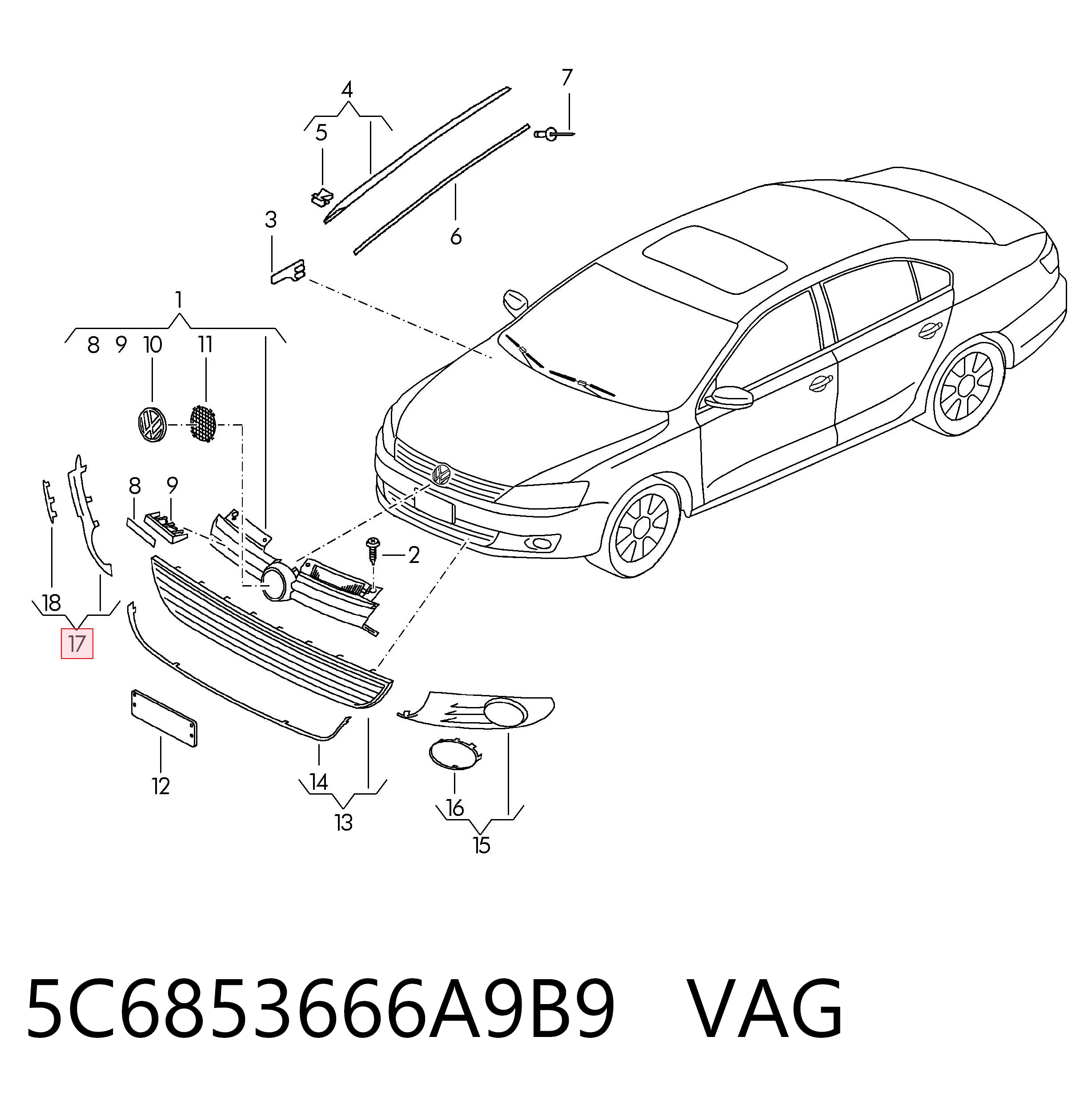 5C6853666A9B9 VAG Tapa de rejilla de faro antiniebla delantero derecho
