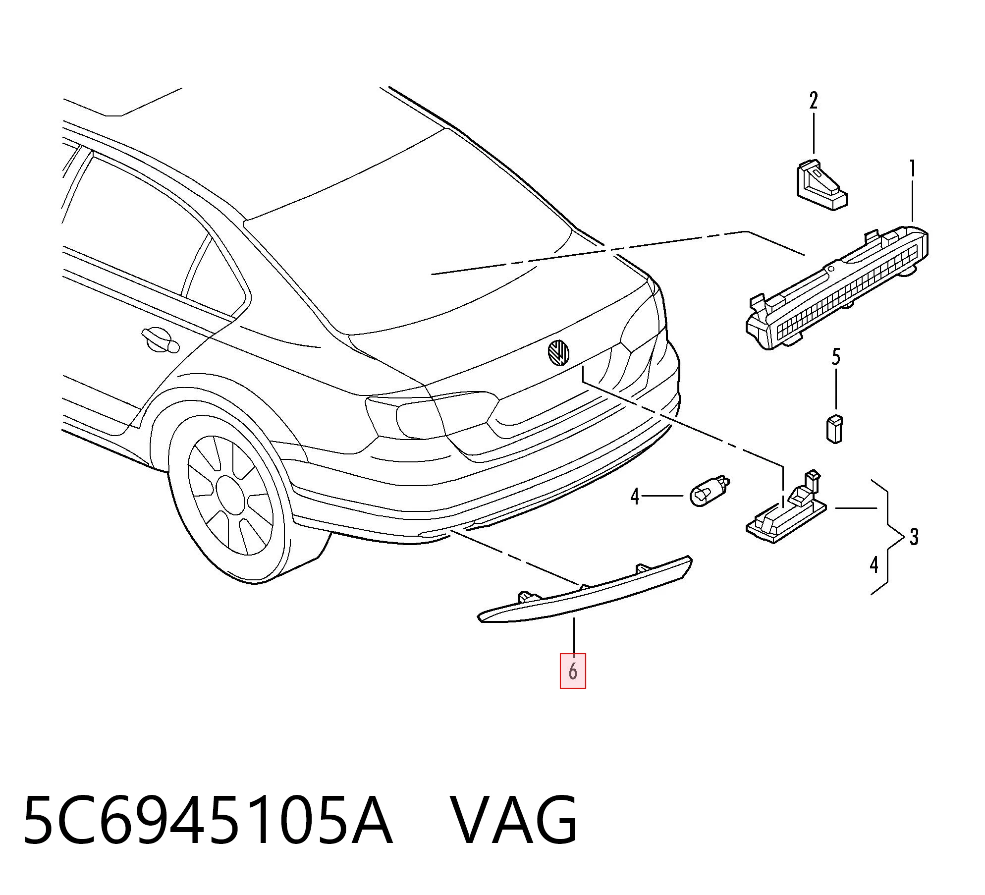 5C6945105A VAG Reflector, paragolpes trasero, izquierdo
