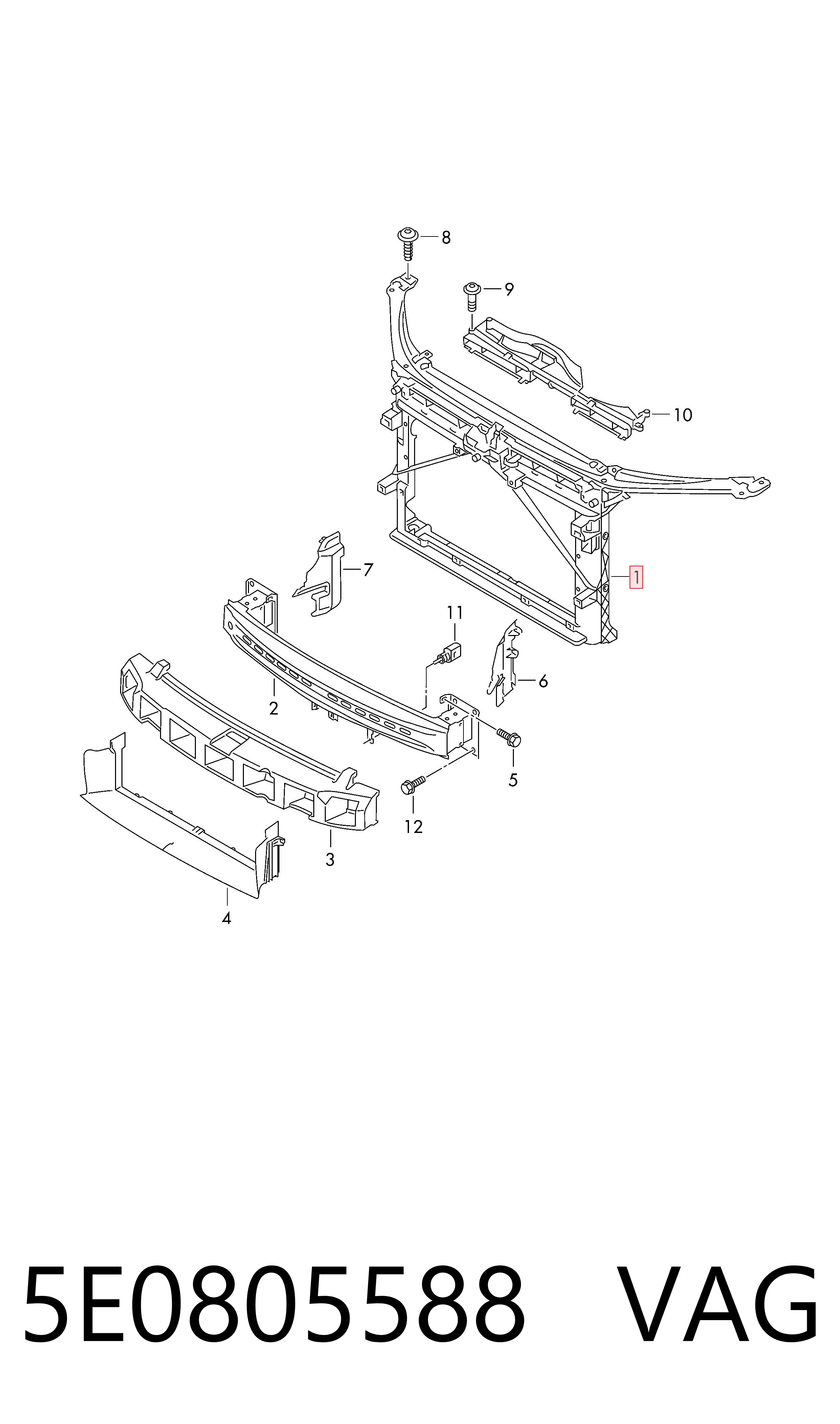 5E0805588 VAG Soporte de radiador completo (panel de montaje para foco)