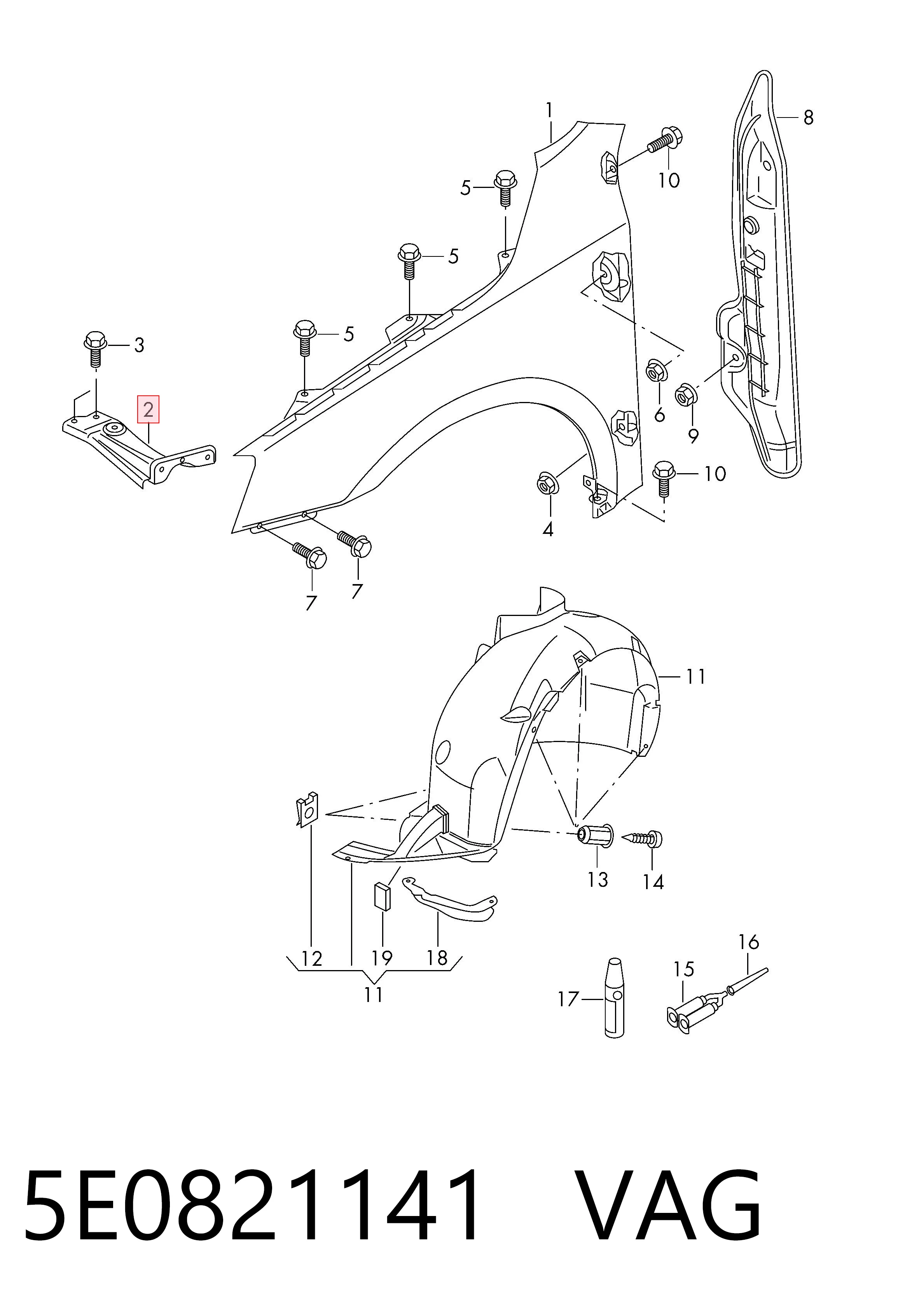 5E0821141 VAG Soporte delantero izquierdo para aleta delantera