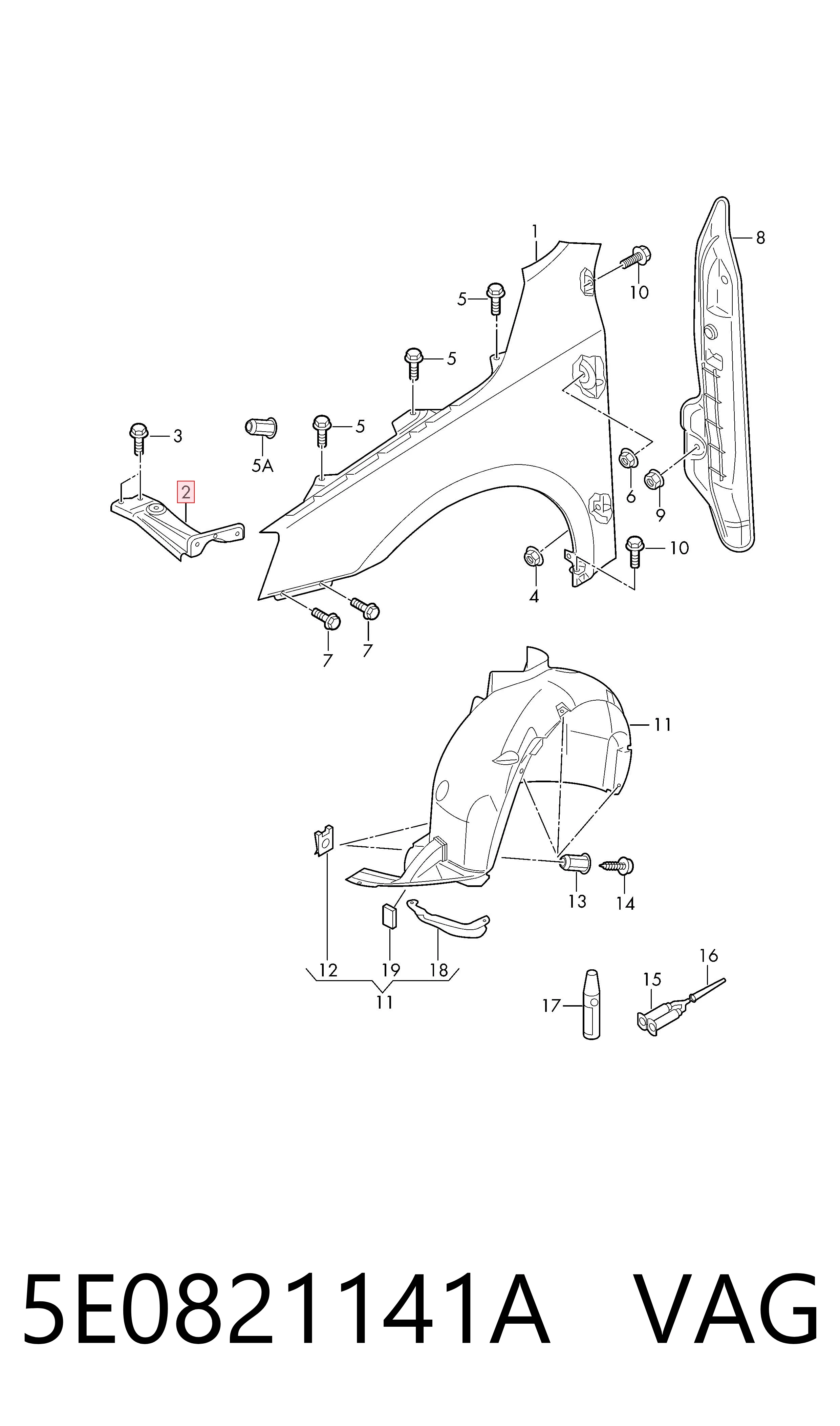 5E0821141A VAG Soporte delantero izquierdo para aleta delantera