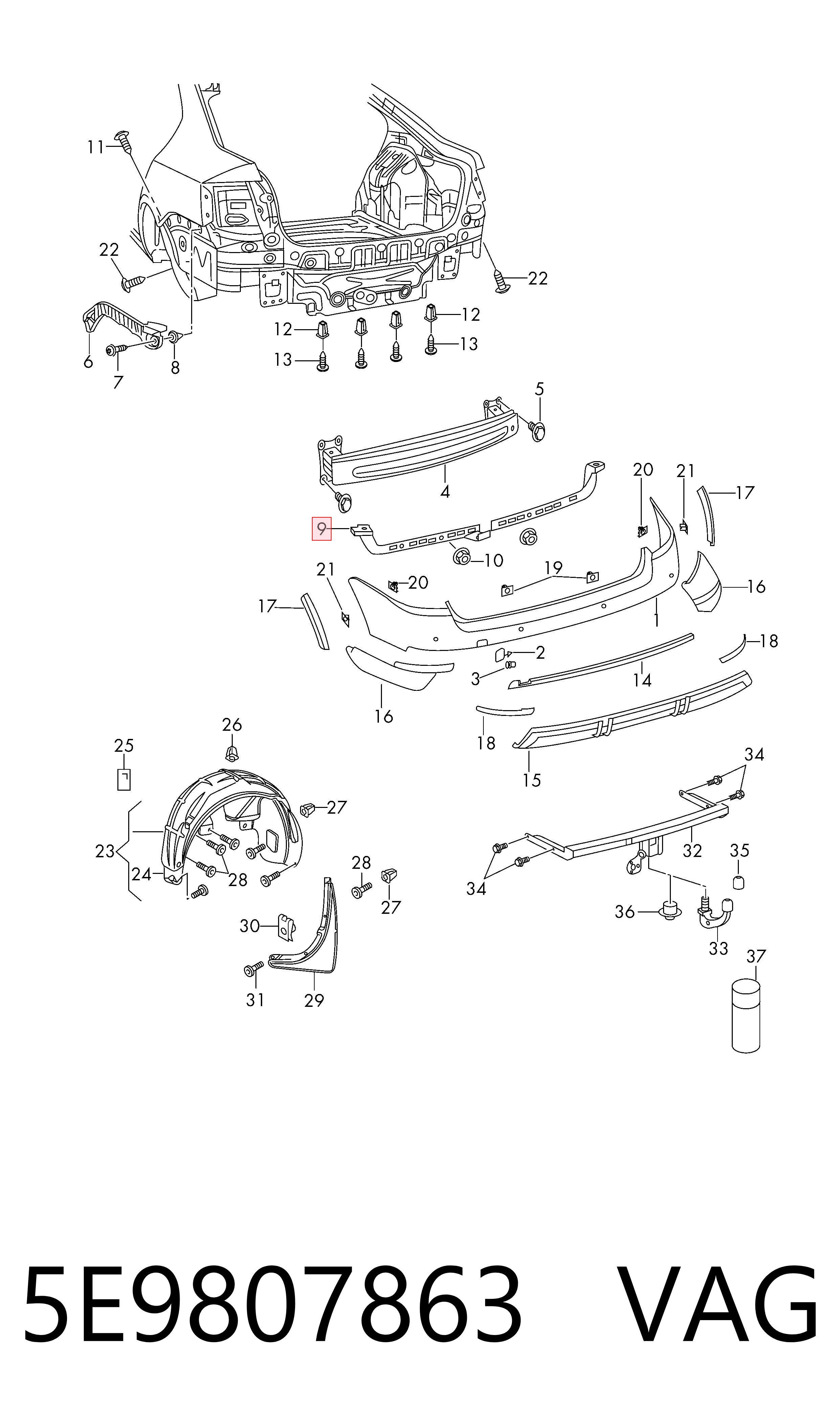 5E9807863 VAG Guía izquierda del parachoques trasero