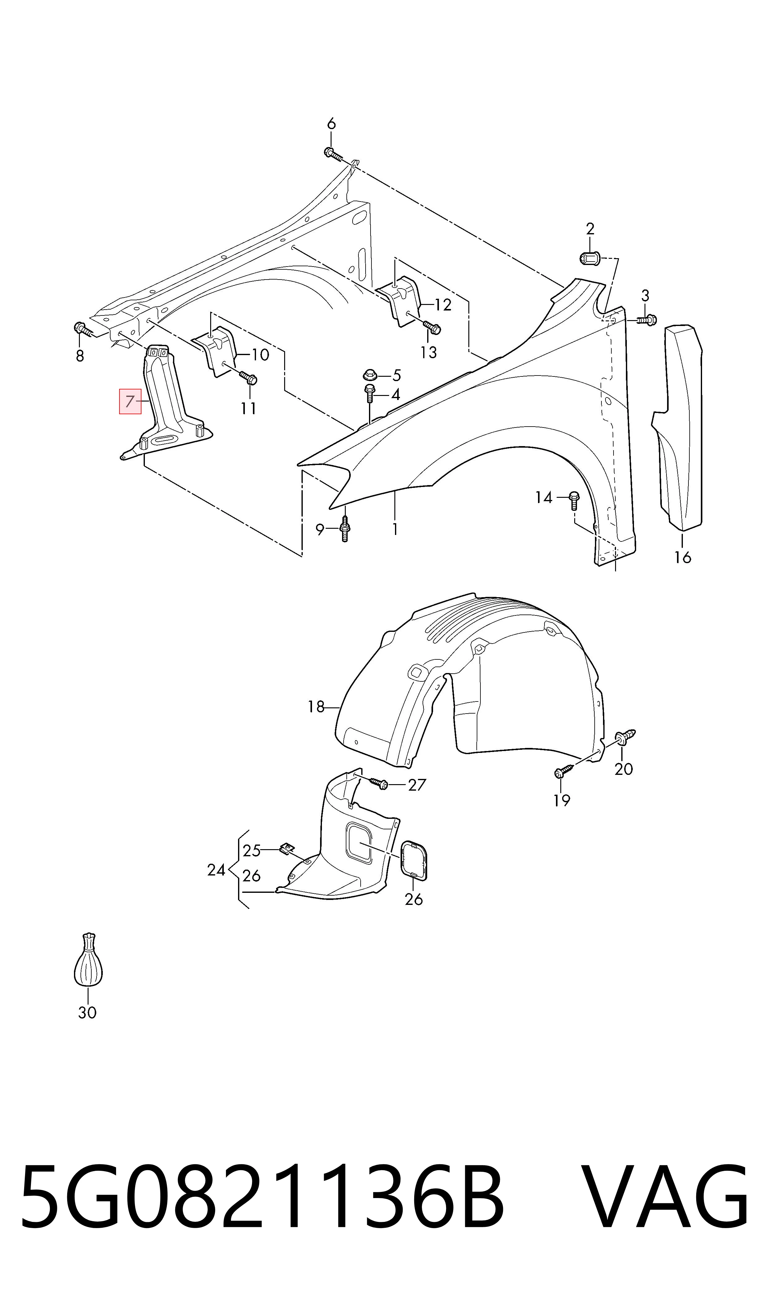Soporte delantero de guardabarros delantero derecho 5G0821136B VAG