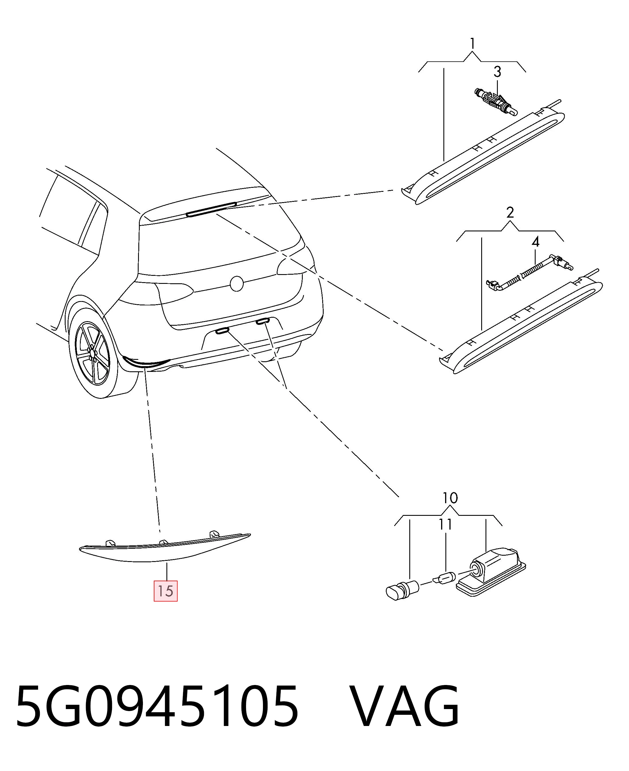 5G0945105 VAG Reflector, paragolpes trasero, izquierdo