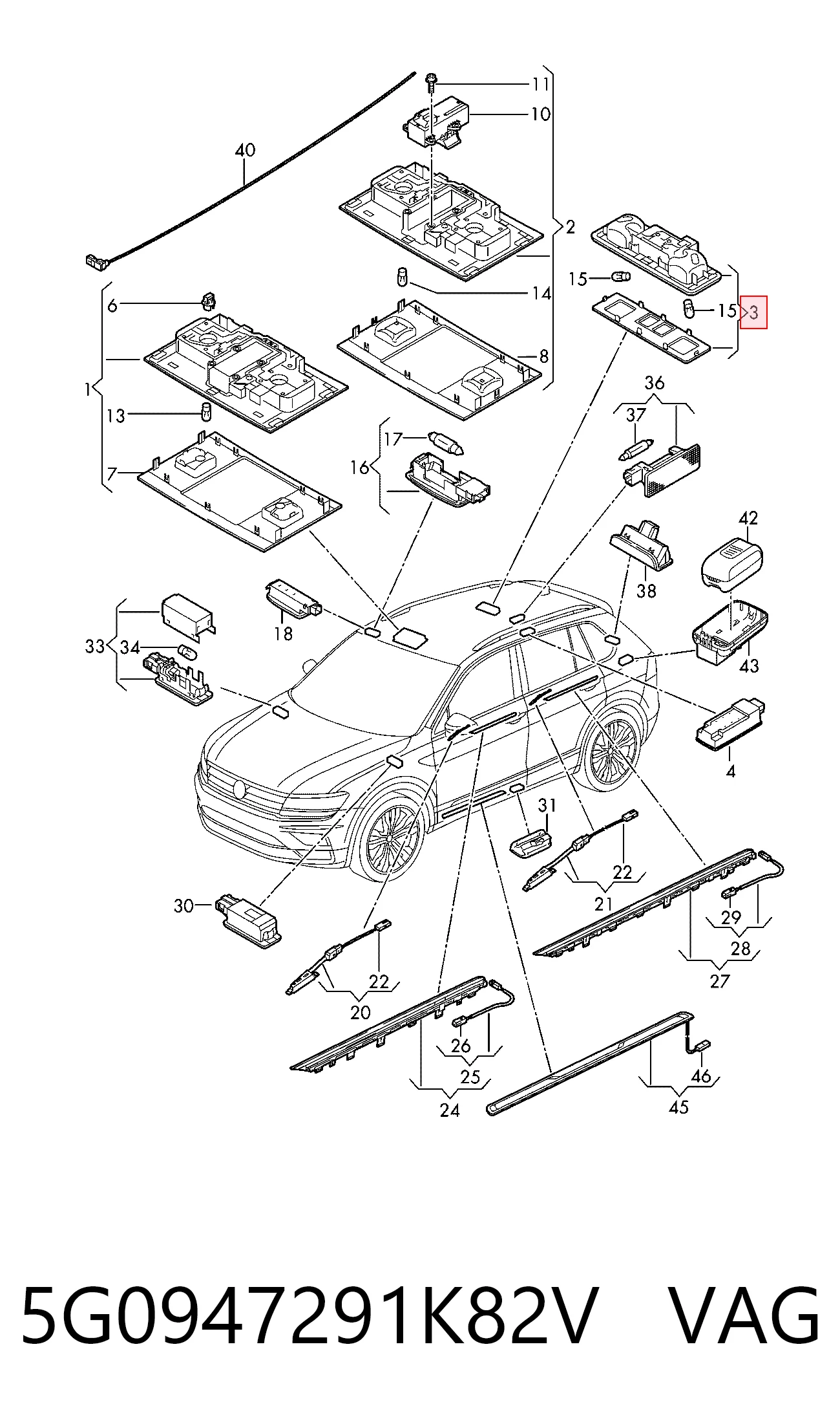 5G0947291K82V VAG Luz de cabina trasera