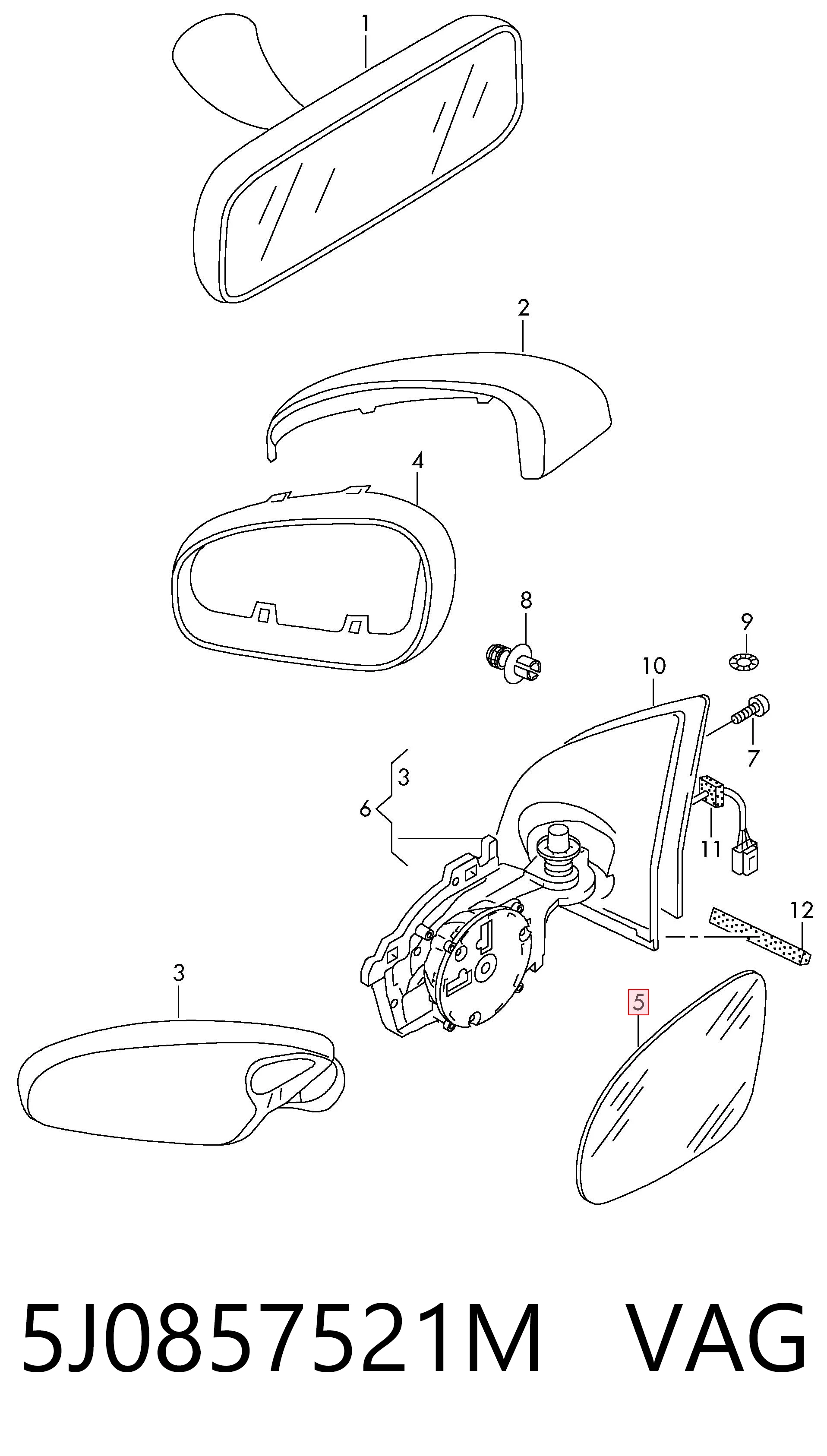 5J0857521M VAG Cristal de espejo retrovisor exterior izquierdo