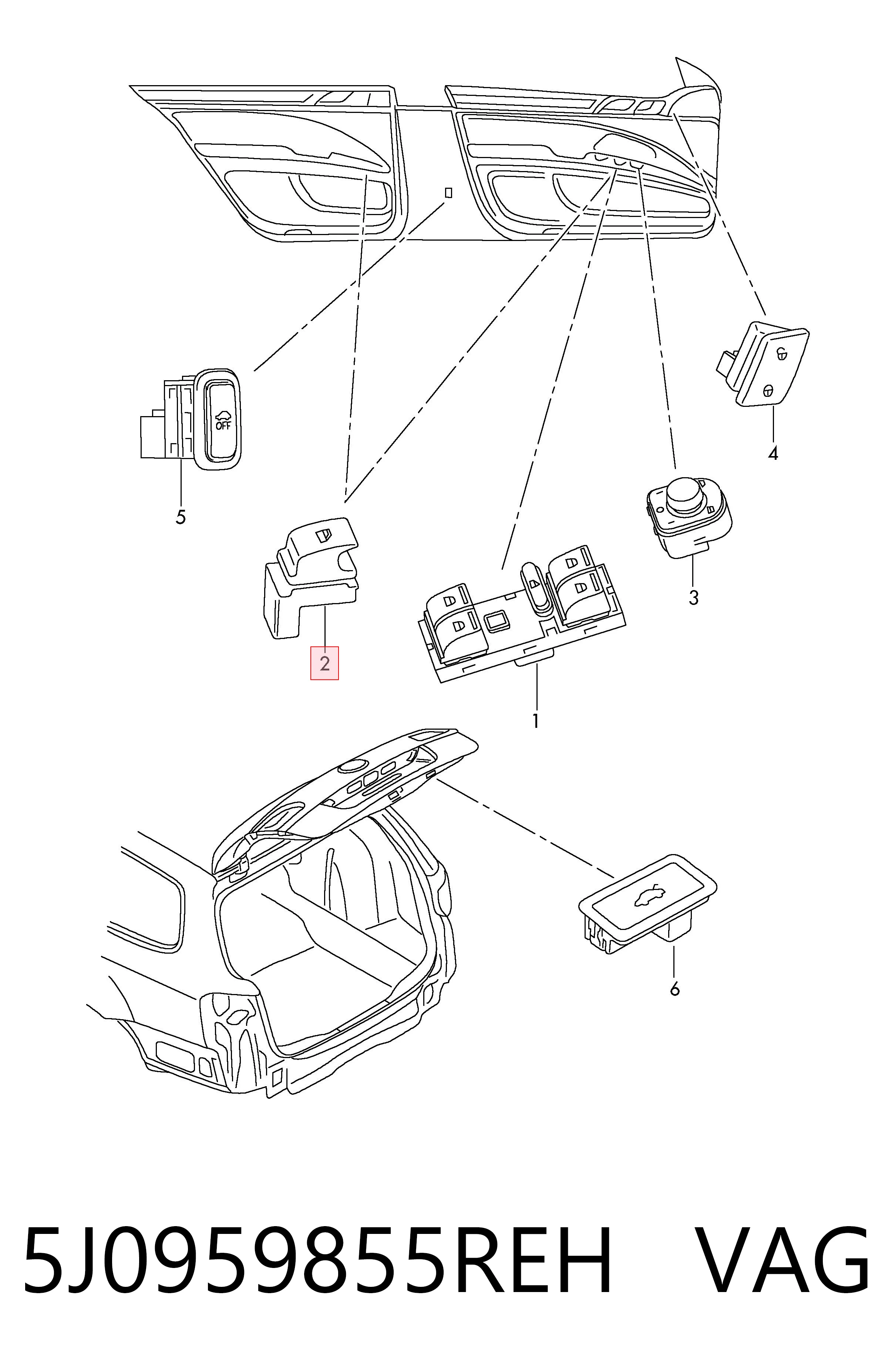 5J0959855REH VAG Botón de encendido, motor eléctrico, elevalunas, puerta delantera derecha