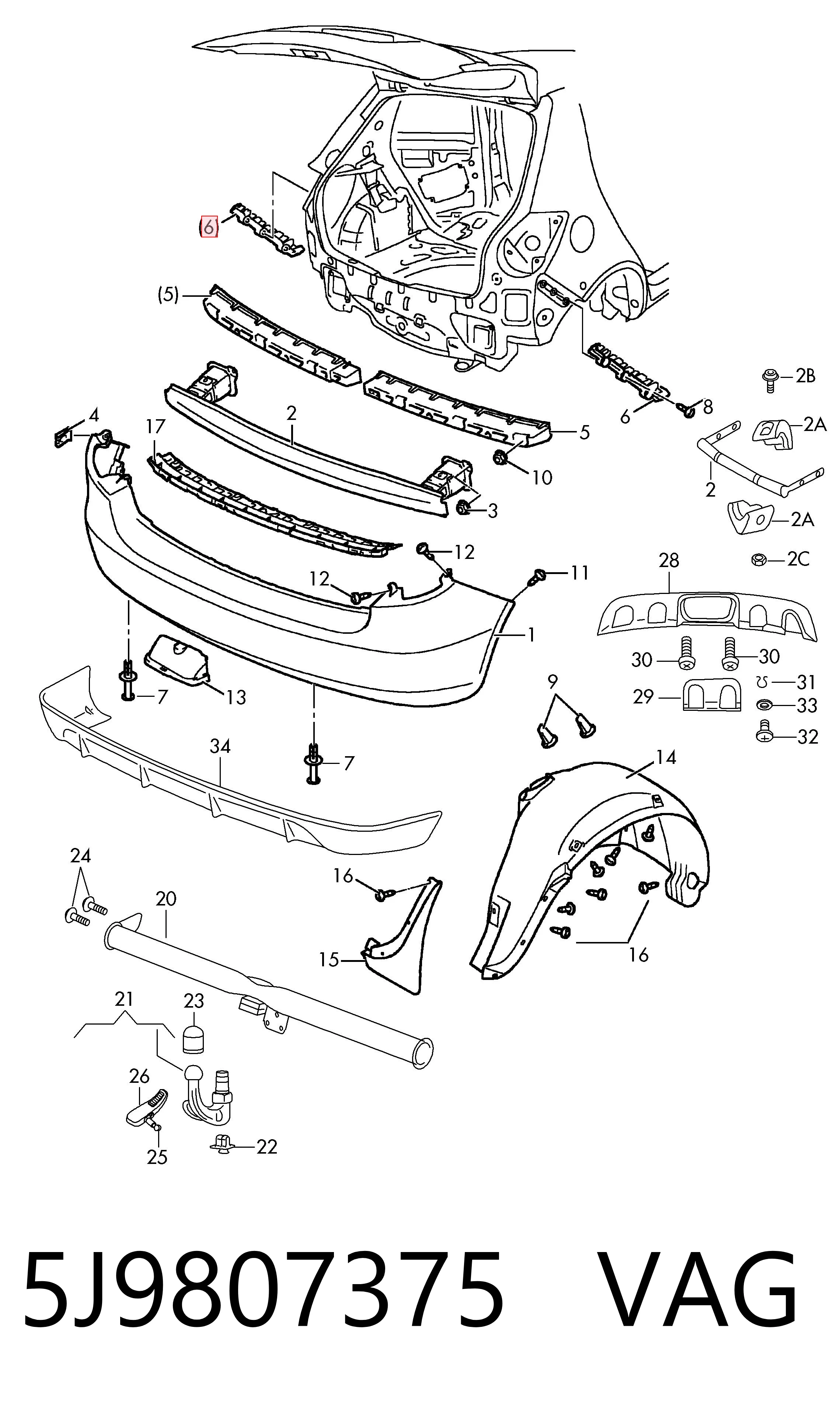 5J9807375 VAG Soporte de paragolpes trasero izquierdo