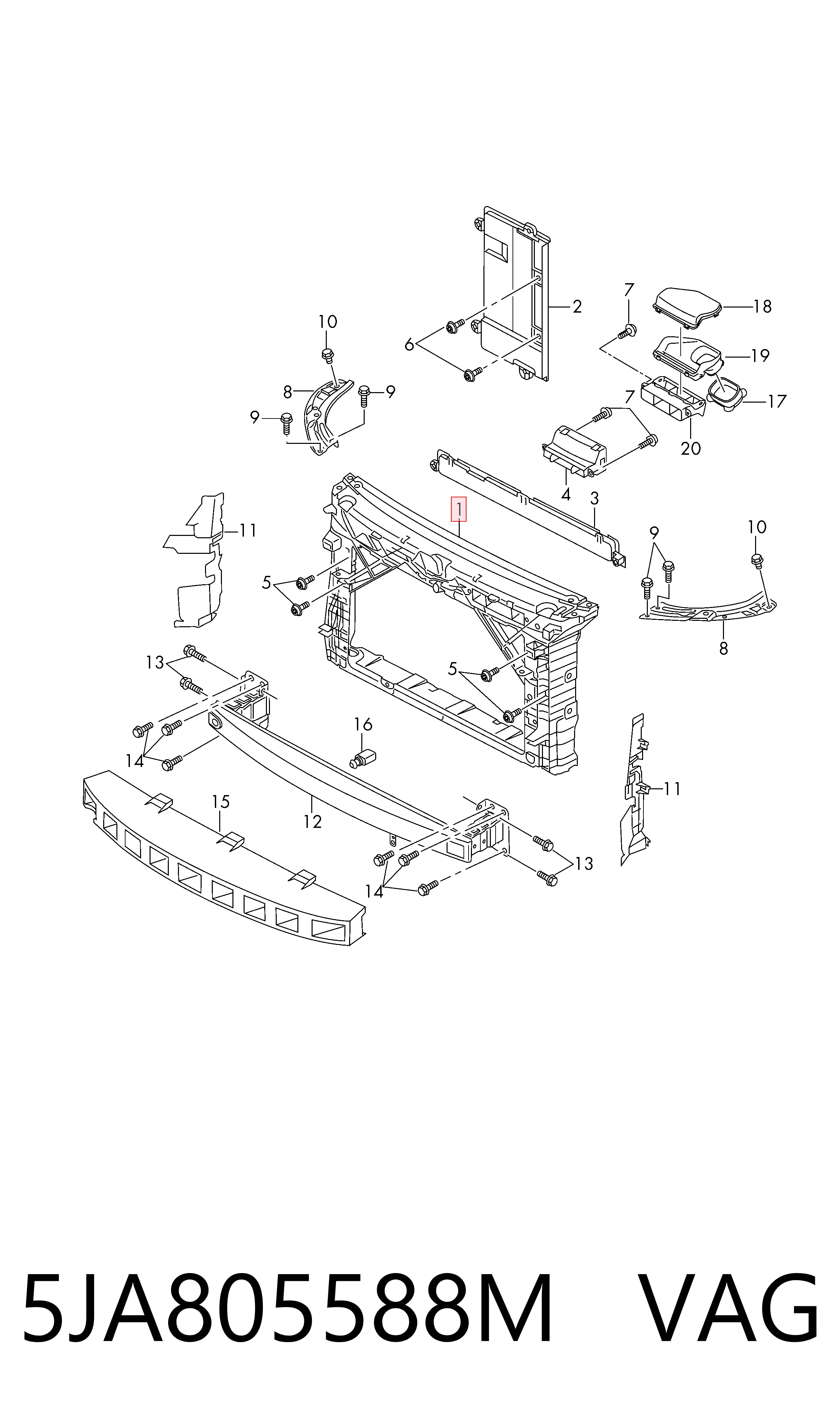 5JA805588M VAG Soporte de radiador completo (panel de montaje para foco)