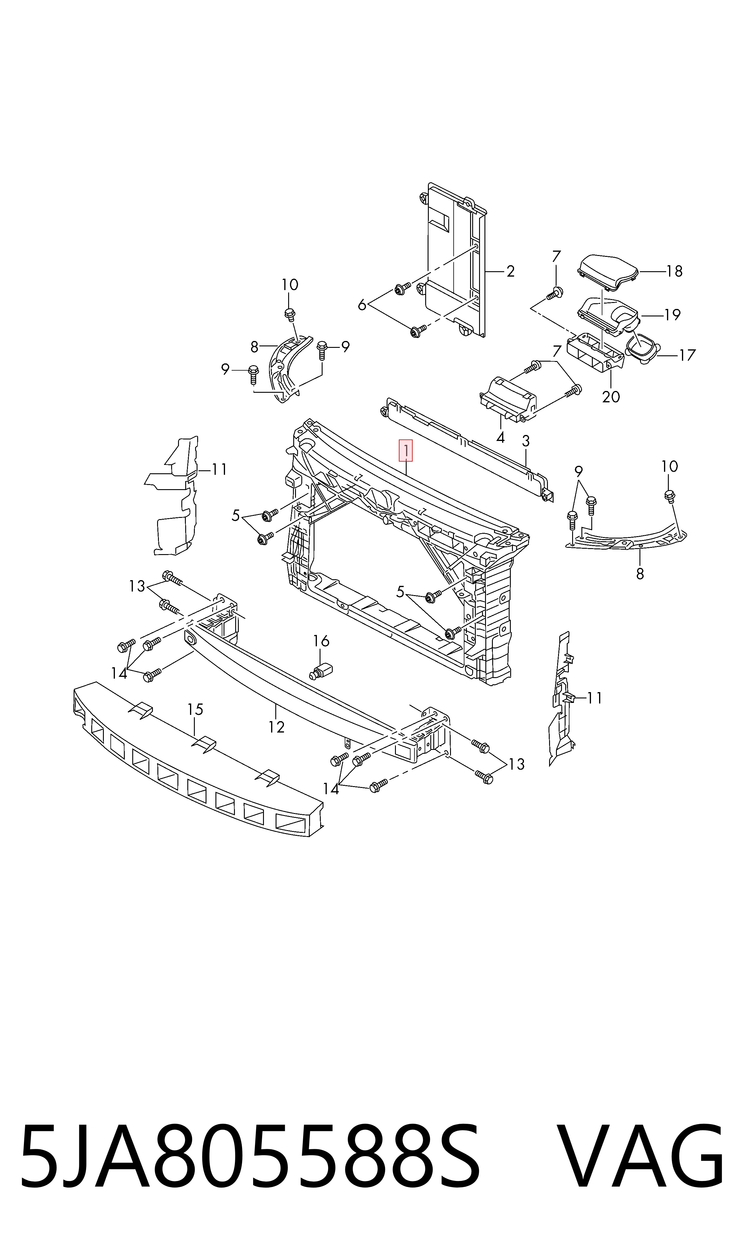 5JA805588S VAG Soporte de radiador completo (panel de montaje para foco)