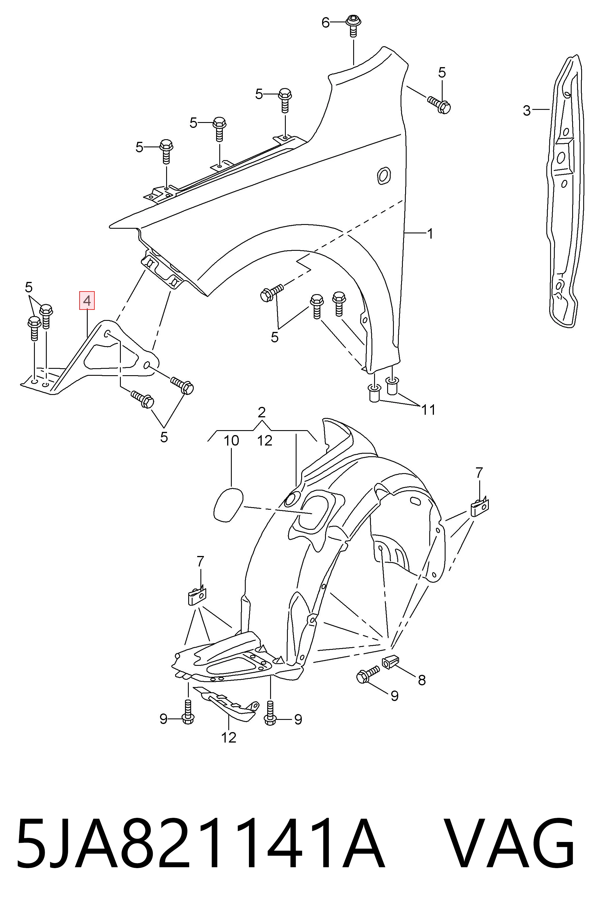 5JA821141A VAG Soporte delantero izquierdo para aleta delantera