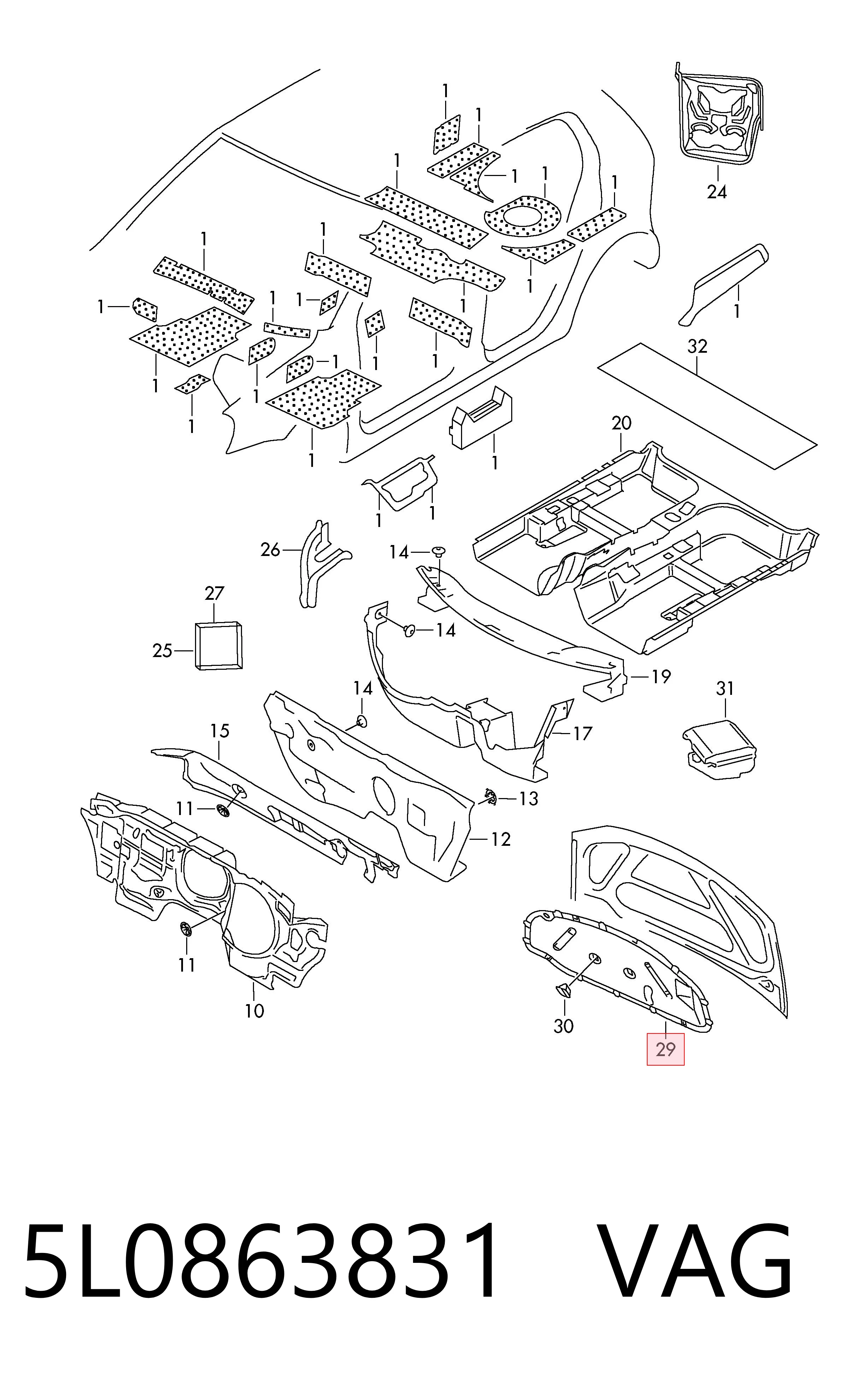 5L0863831 VAG Aislante de capó de motor