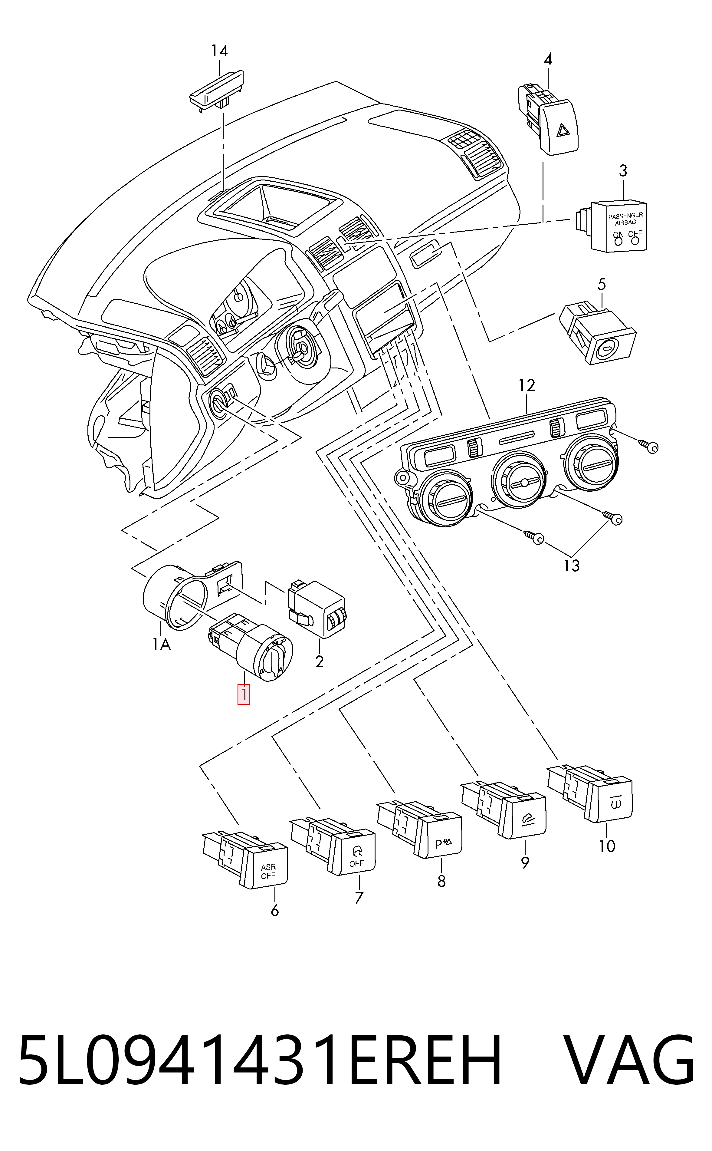 5L0941431EREH VAG Interruptor de luces en el tablero