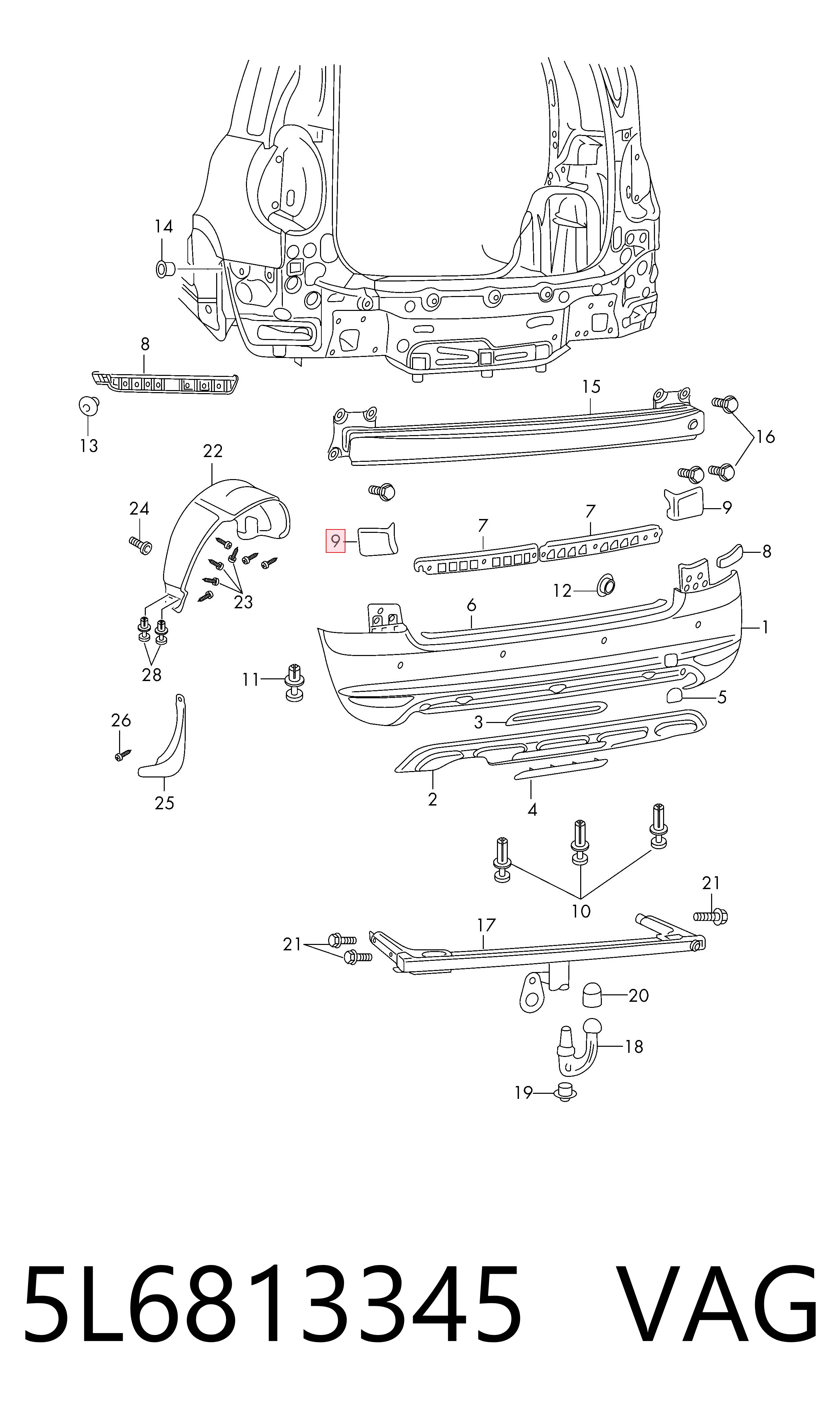 5L6813345 VAG Moldura izquierda del parachoques trasero