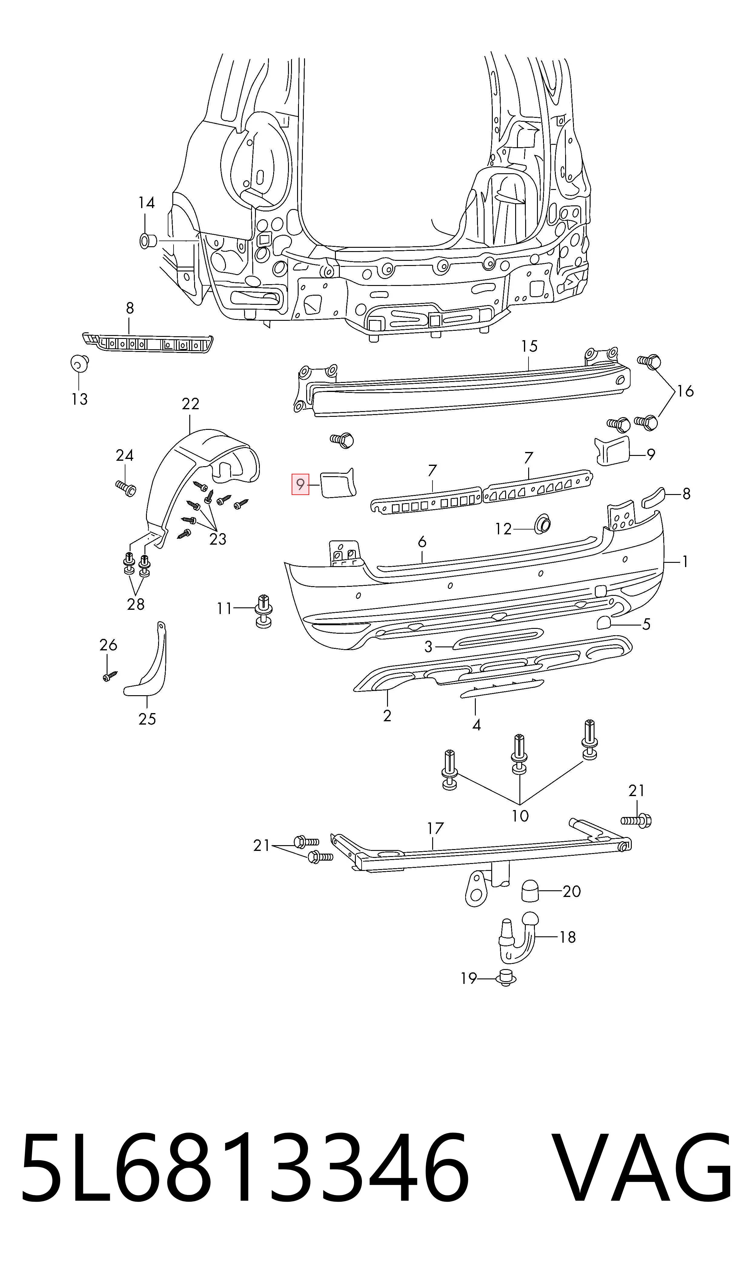 5L6813346 VAG Moldura derecha del parachoques trasero