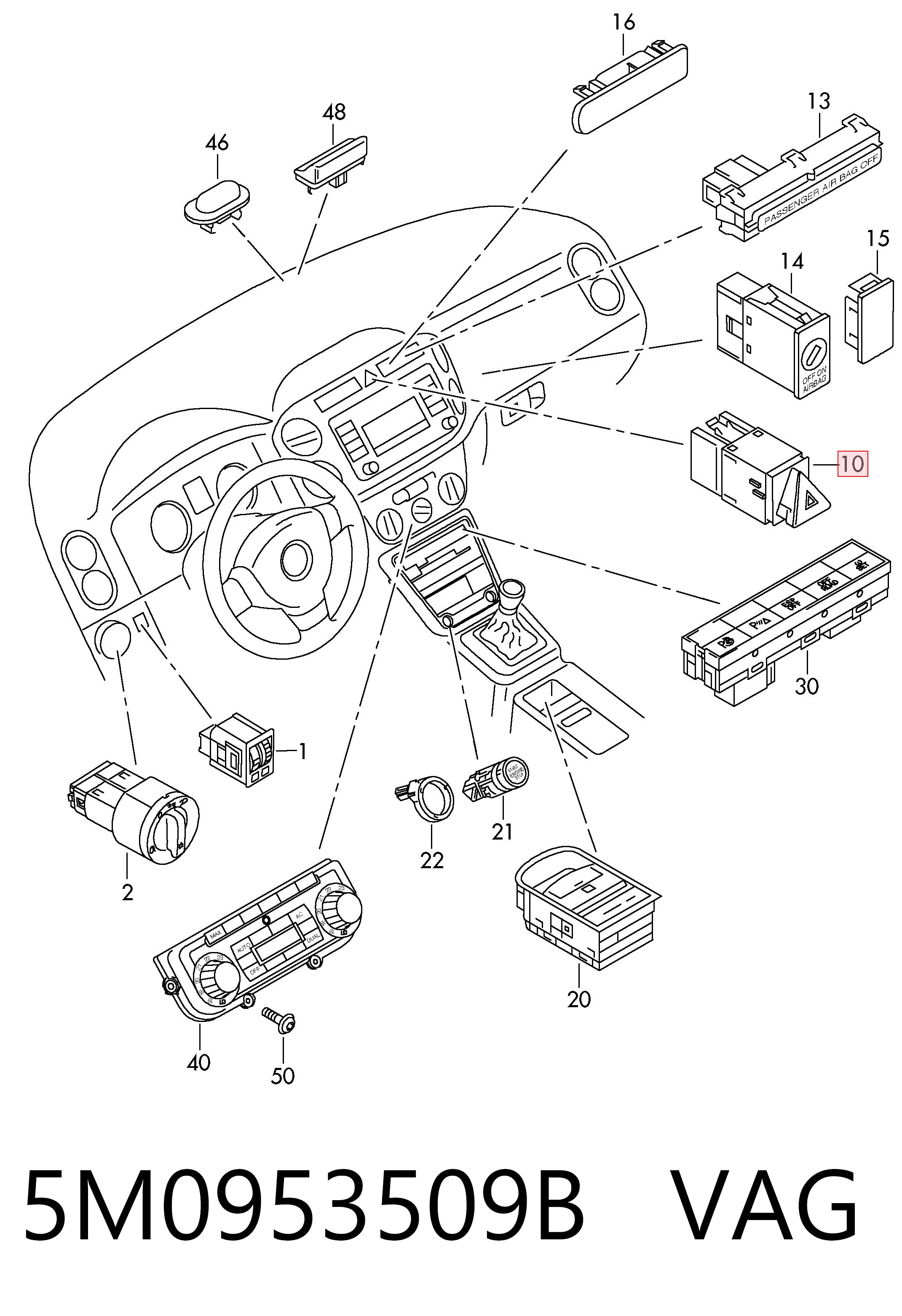 Boton de luz de emergencía para Volkswagen Tiguan I 5N1, 5N2