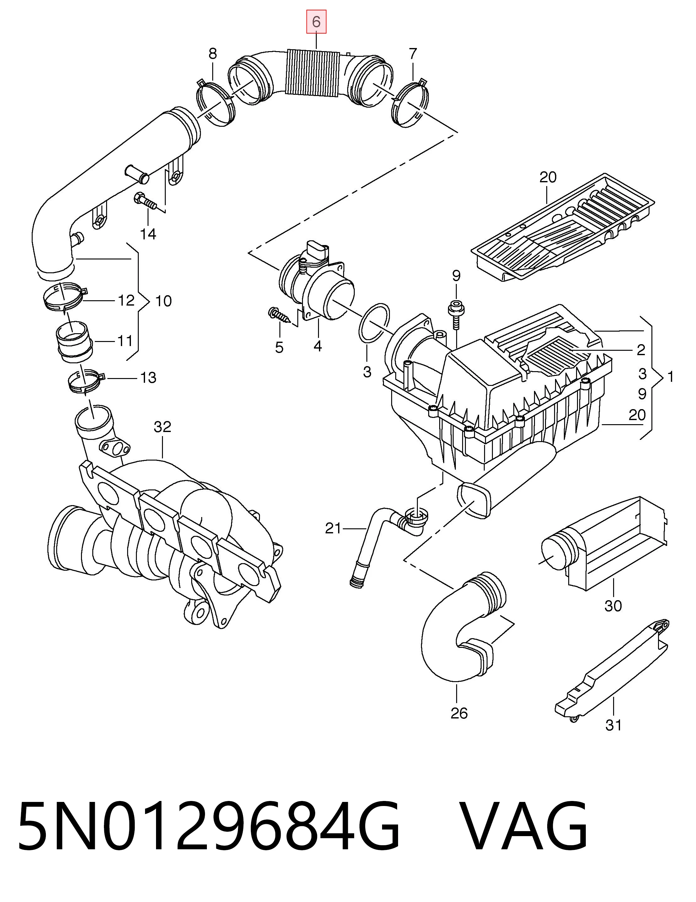 Conducto de aire, salida del filtro de aire VAG 5N0129684G precio, desde 44,17 EUR
