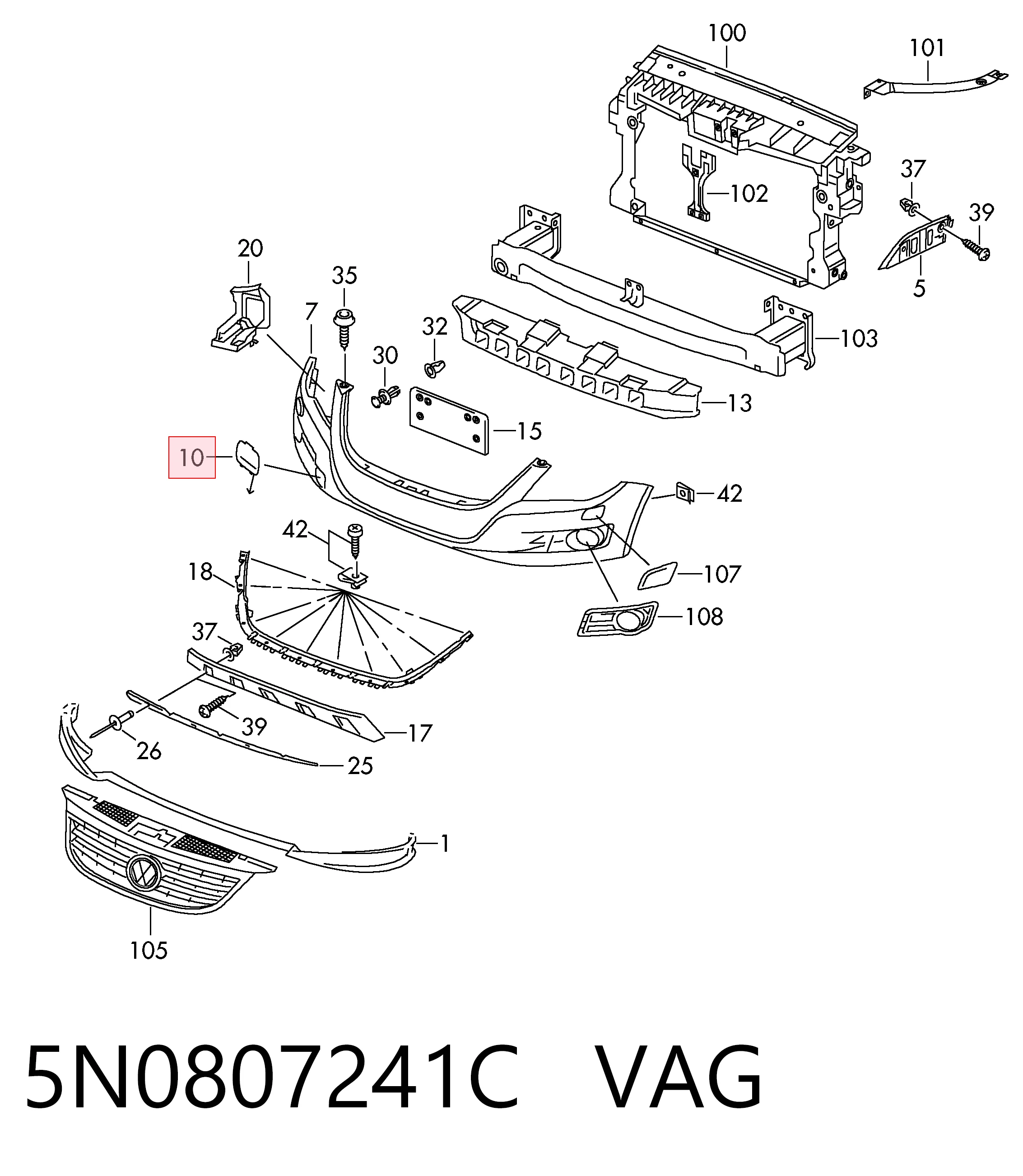 5N0807241C VAG Tapa del gancho de remolque del parachoques delantero derecho