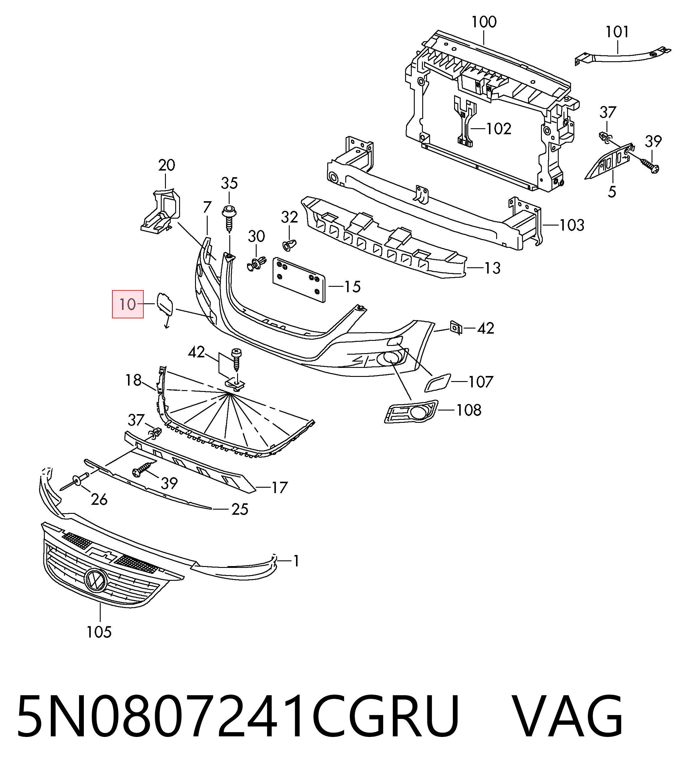 5N0807241CGRU VAG Tapa del gancho de remolque del parachoques delantero derecho