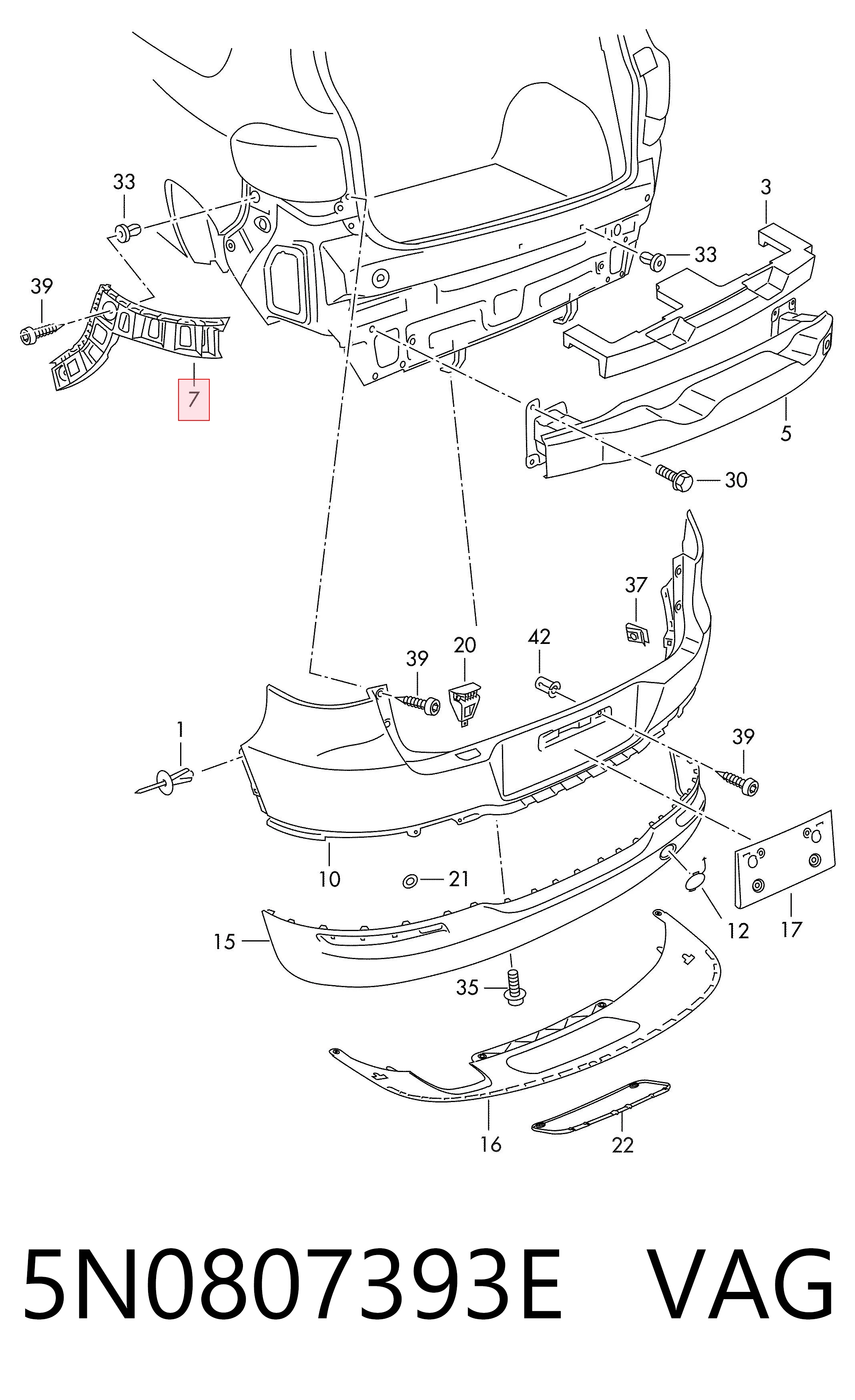 5N0807393E VAG Soporte de paragolpes trasero izquierdo