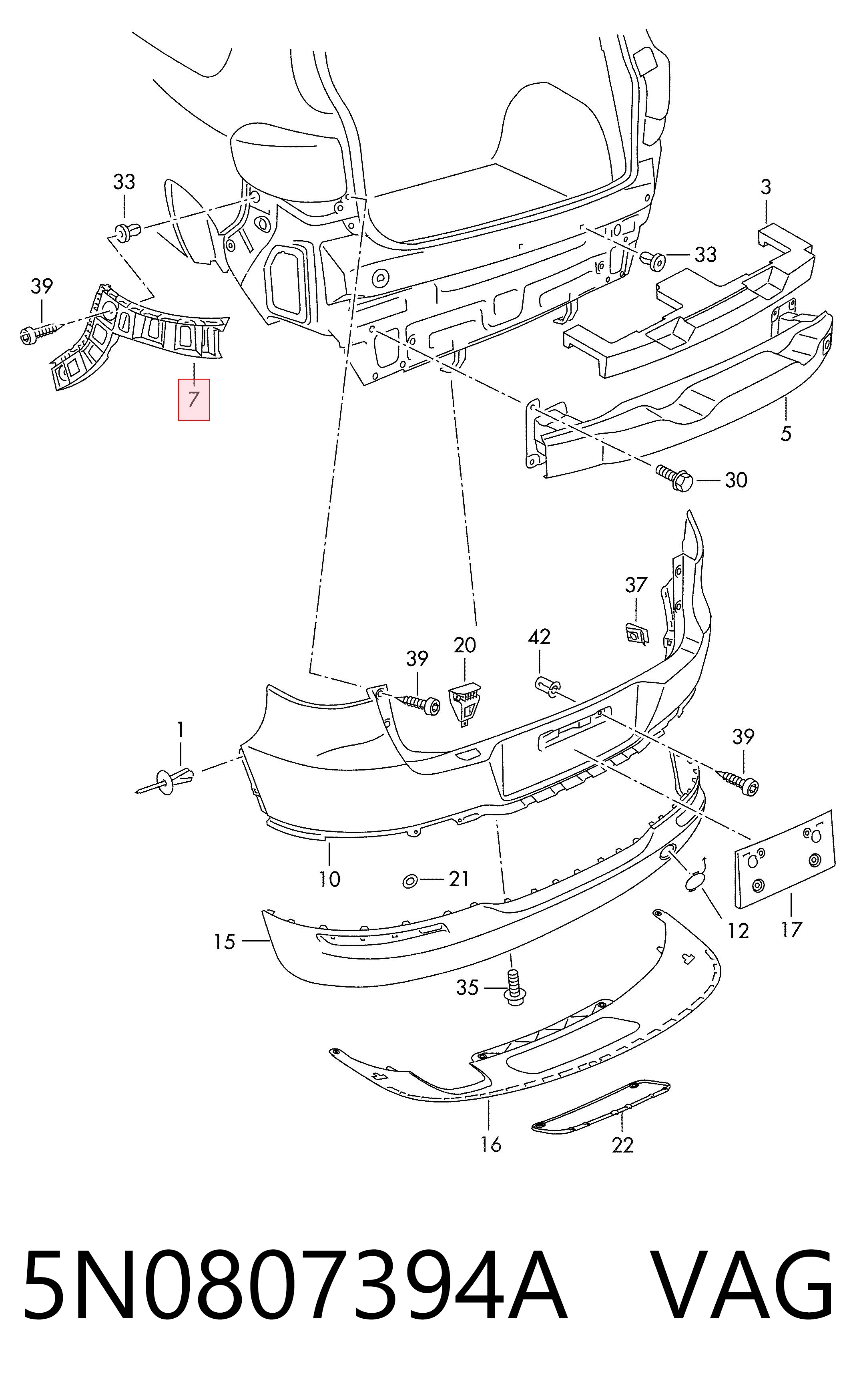 5N0807394A VAG Soporte del paragolpes trasero derecho