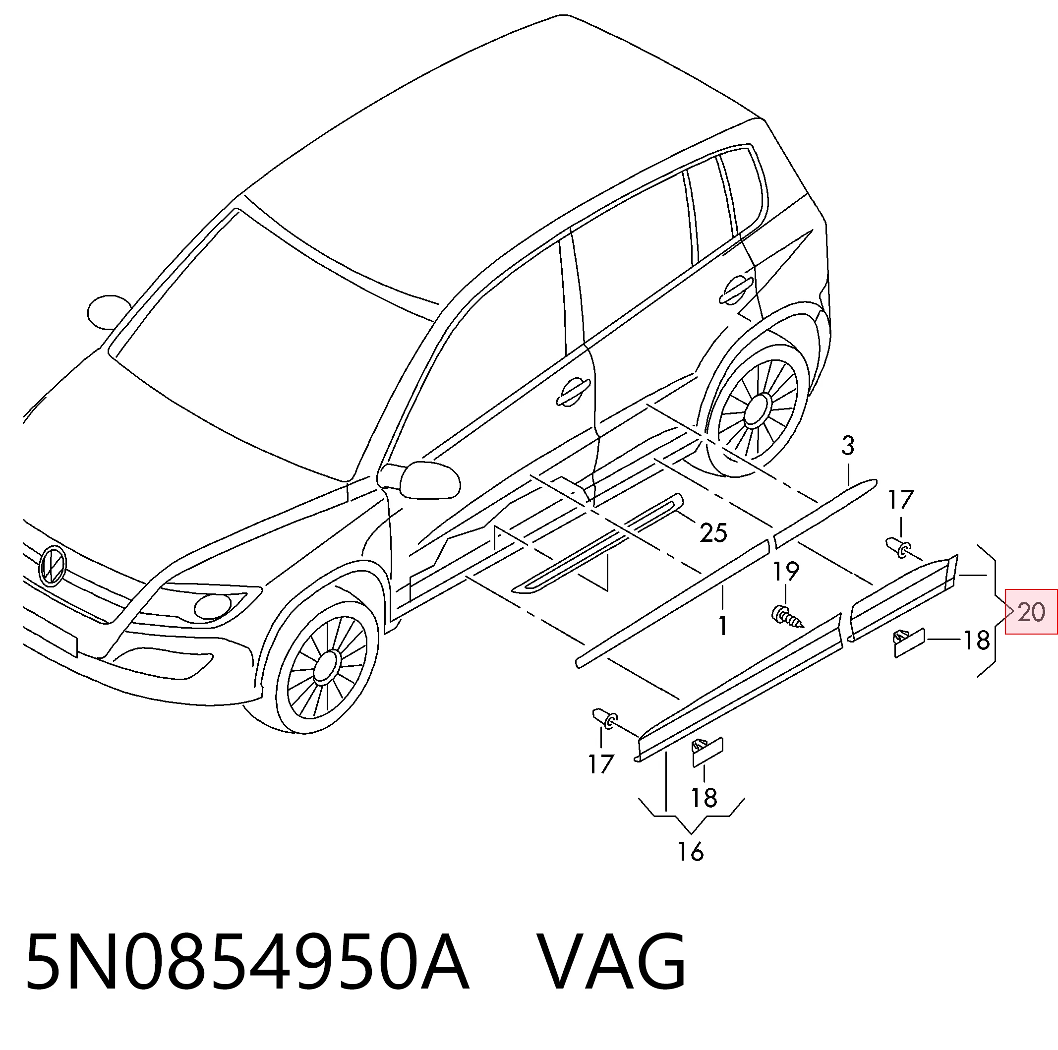 5N0854950A VAG Embellecedor de puerta trasera derecha