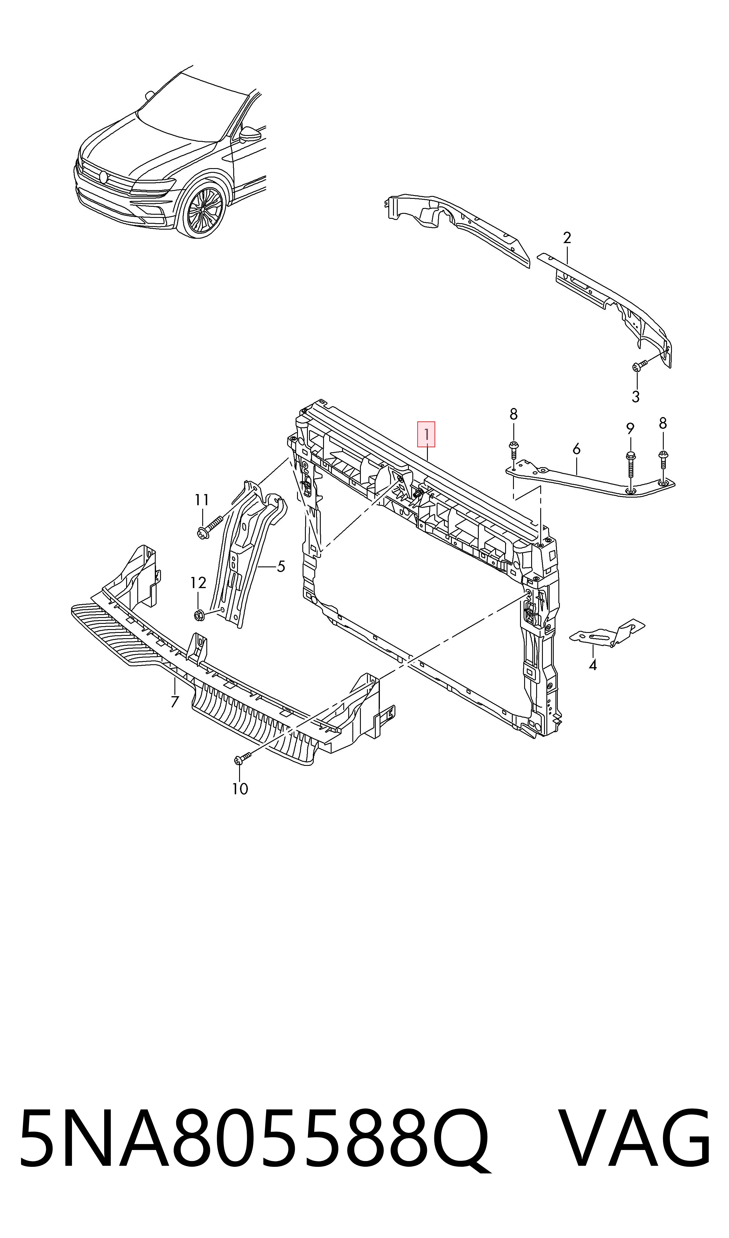 5NA805588Q VAG Soporte de radiador completo (panel de montaje para foco)