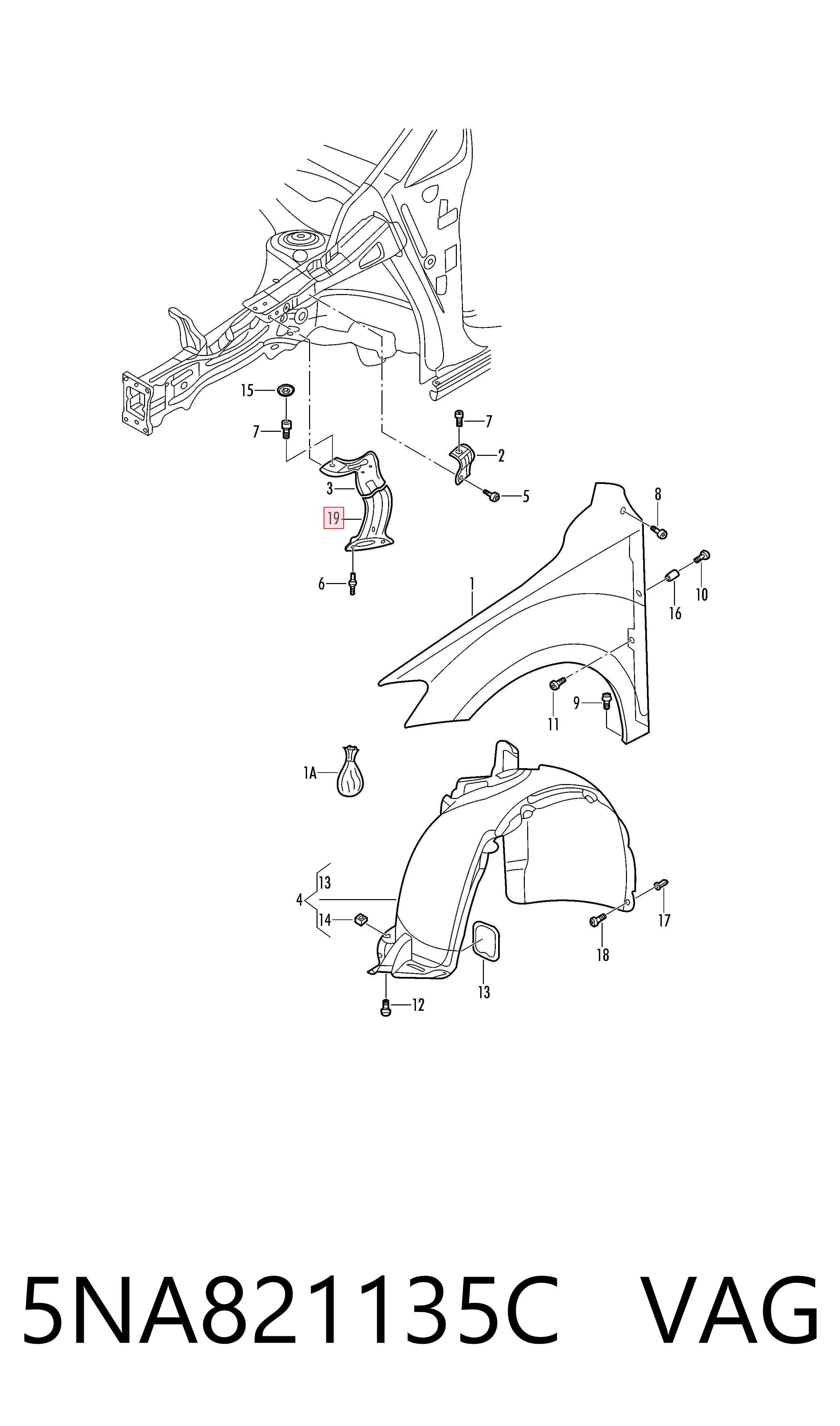 5NA821135C VAG Soporte delantero izquierdo para aleta delantera