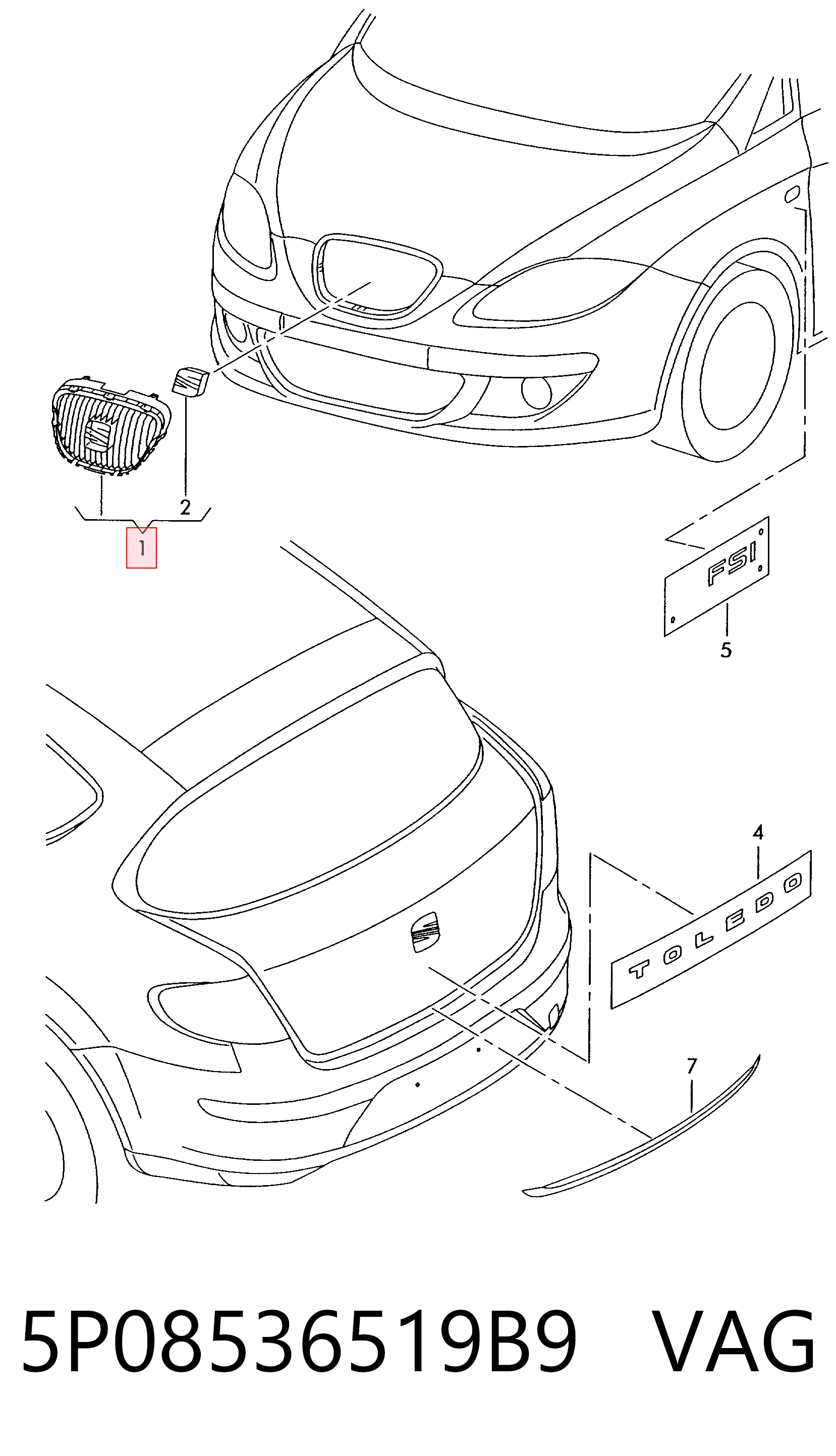 Rejilla delantera Seat Altea monovolumen (5P1) (2004 - 2015) precio, desde 69,70 EUR